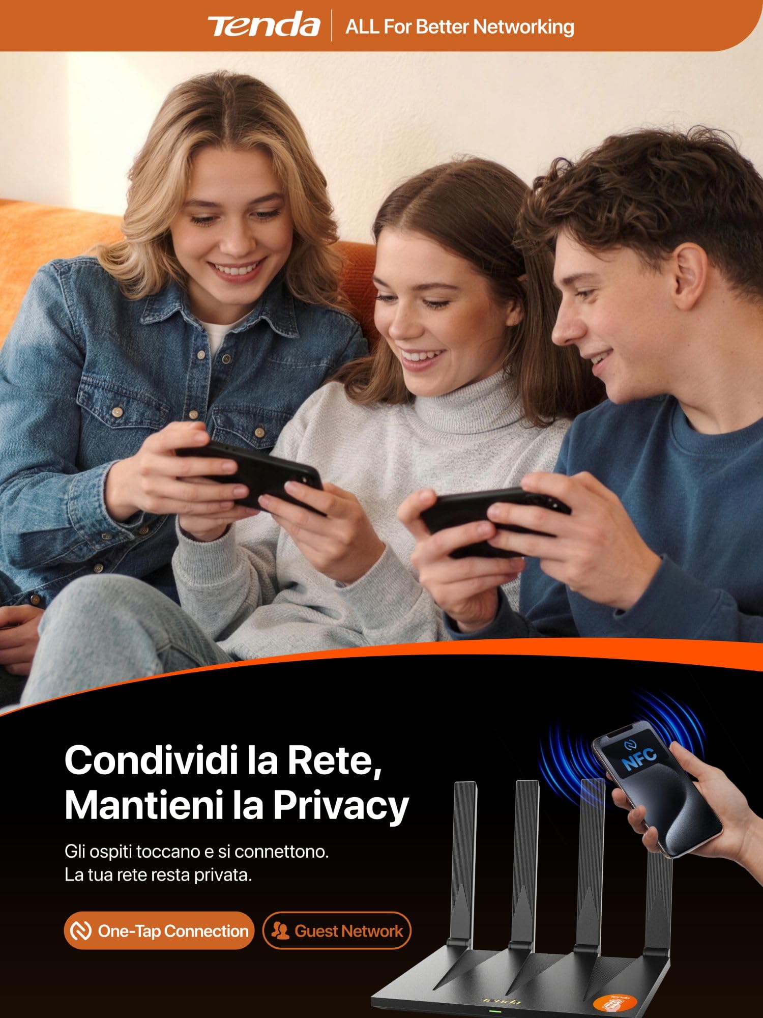 Tenda Router WiFi 6 AX3000 Dual Band Gigabit AX12 Pro, 5GHz: 2402Mbps + 2.4GHz: 574Mbps, 4 Porte Gigabit, EasyMesh, Controllo Parentale, MU-MIMO, OFDMA, VPN, Beamforming, NFC
