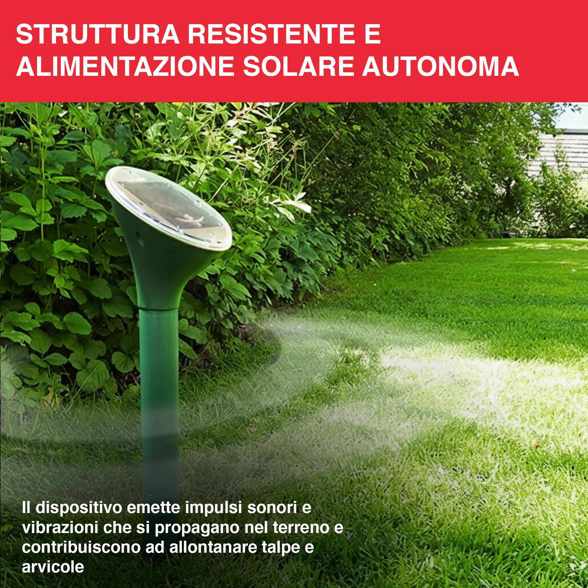 SWISSINNO Dissuasore solare talpe arvicole fino a 650 m² ultrasuoni vibrazioni anti roditori resistente alle intemperie per giardino prato funzionamento continuo giorno notte dispositivo 1 pezzo