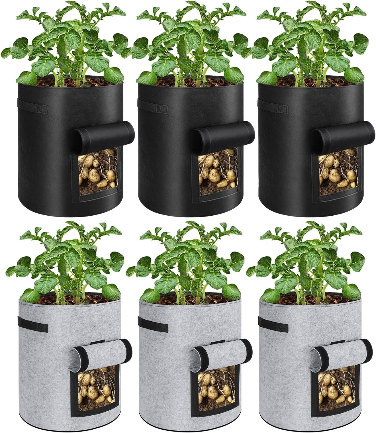 6 Pack 10 Gallon Potato Grow Bags with Flap Window, Garden Planting Bag with Durable Handle, Plant Pots for Tomato, Vegetable and Fruits