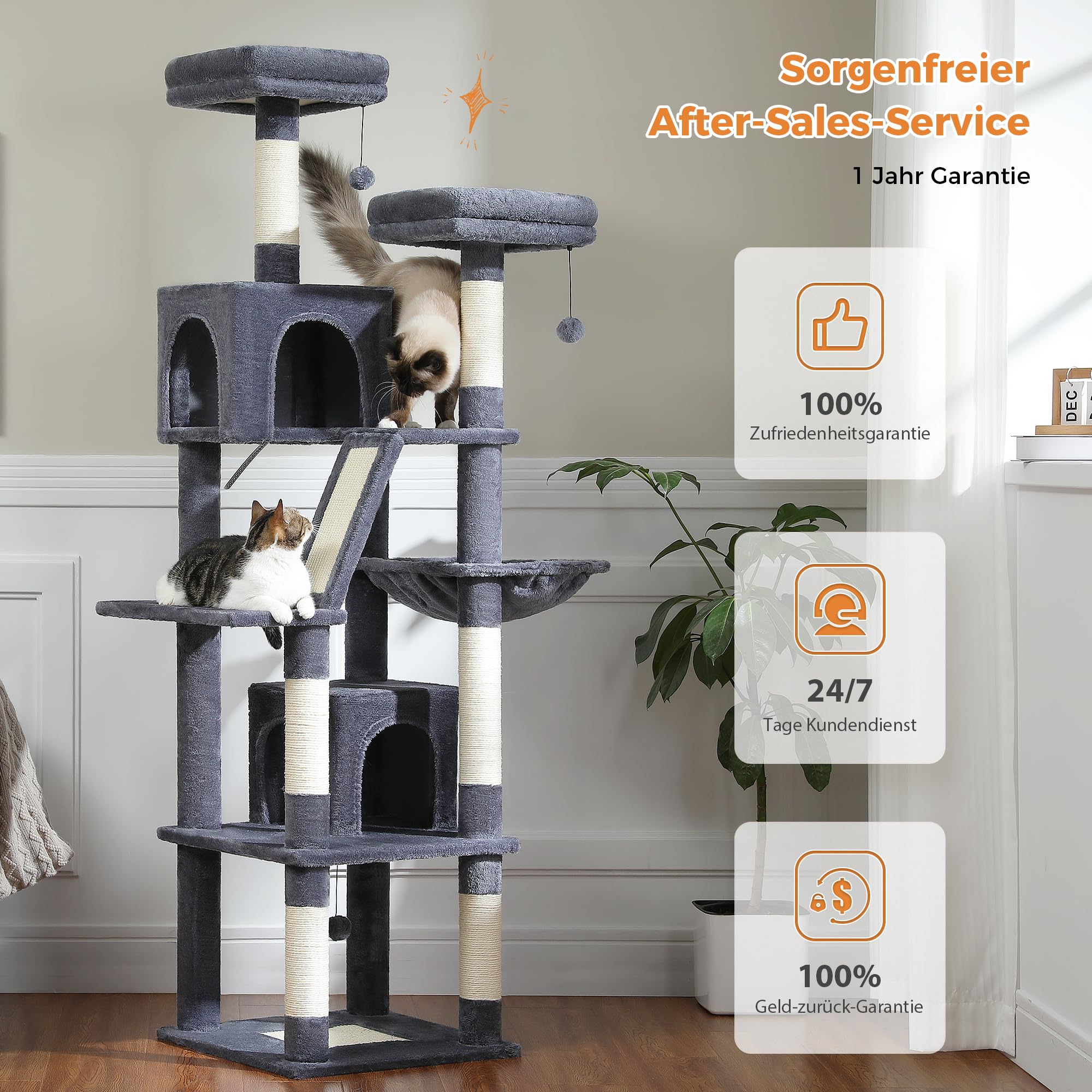 PETEPELA Árbol rascador grande, de 180 cm, para gatos grandes, con 6 columnas de sisal, 2 tablas para rascar, 2 plataformas, 1 hamaca, 2 pelotas de juego, tela de felpa, gris oscuro