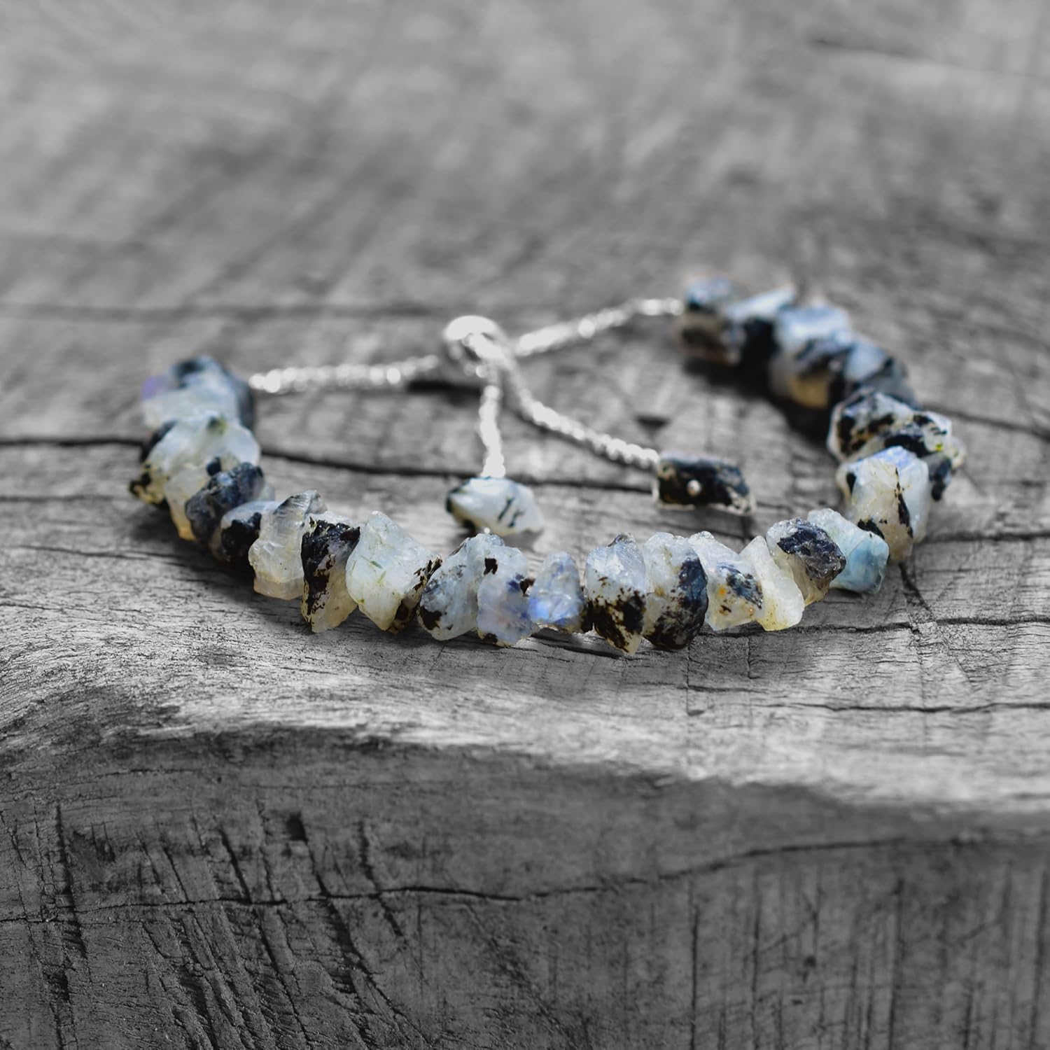 Natural Raw Rainbow Moonstone Bolo Bracelet, Rough Stones, Handmade, June Birthstones, Healing Crystals, Adjustable Slider Chain Weight Approx 50 to 60 carat Stone Size Approx 5 to 10 MM, - Image 3