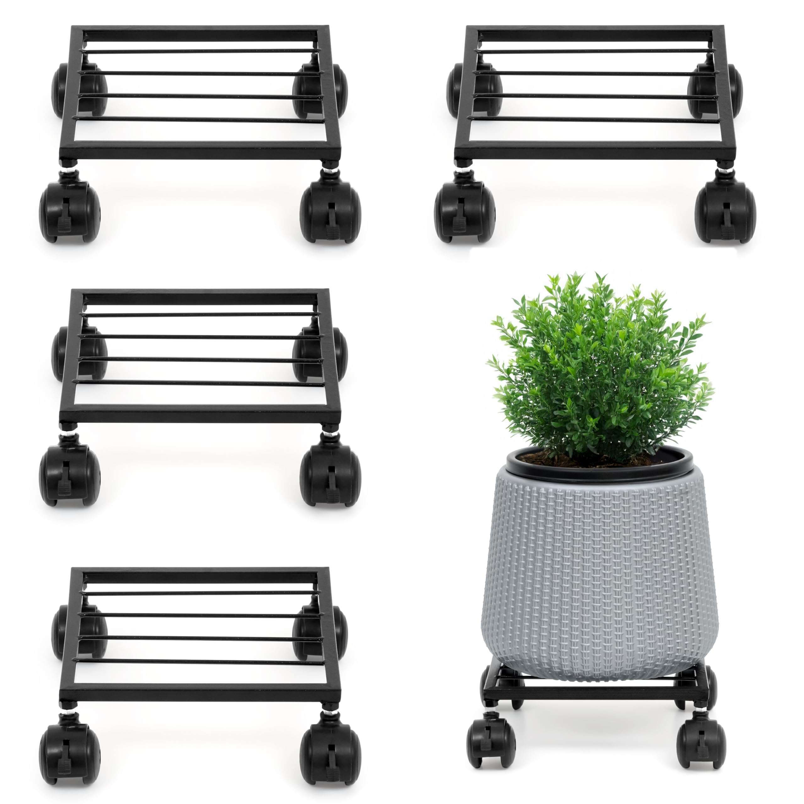 Livzing 4 Pcs 10 Inch Metal Plant Stand with Lockable & unlockable Wheels, Flower Pot Stand - Square Planter Stands for Indoor, Outdoor, Home, Garden Heavy Duty Powder Coating Gamla Holder for Balcony