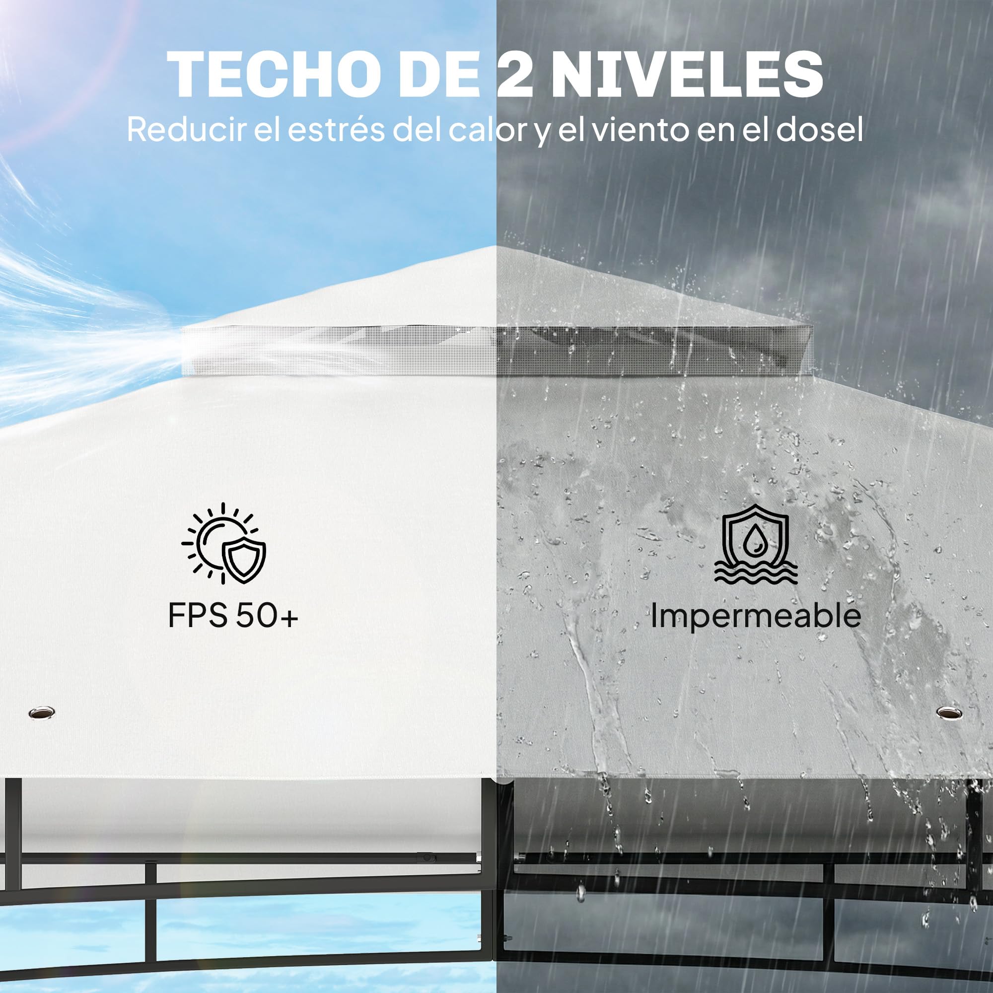 Outsunny Cenador para Jardín 3x3,6 m, Pabellón de Jardín Gazebo con Doble Techo, Paredes de Malla, UPF50+, Estructura de Metal, Carpa para Exterior, Terraza, Patio, Crema y Teca