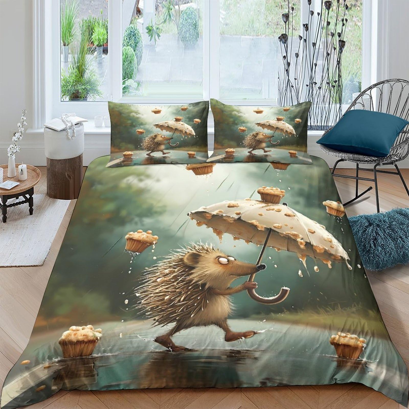 Ctjqhvkz Style-4 3D Printed Hedgehog Umbrella Fitted Sheet Microfiber Soft Forest Rain Bed Cover For Bedroom Guest Room Decor Protection Single（135X200cm）