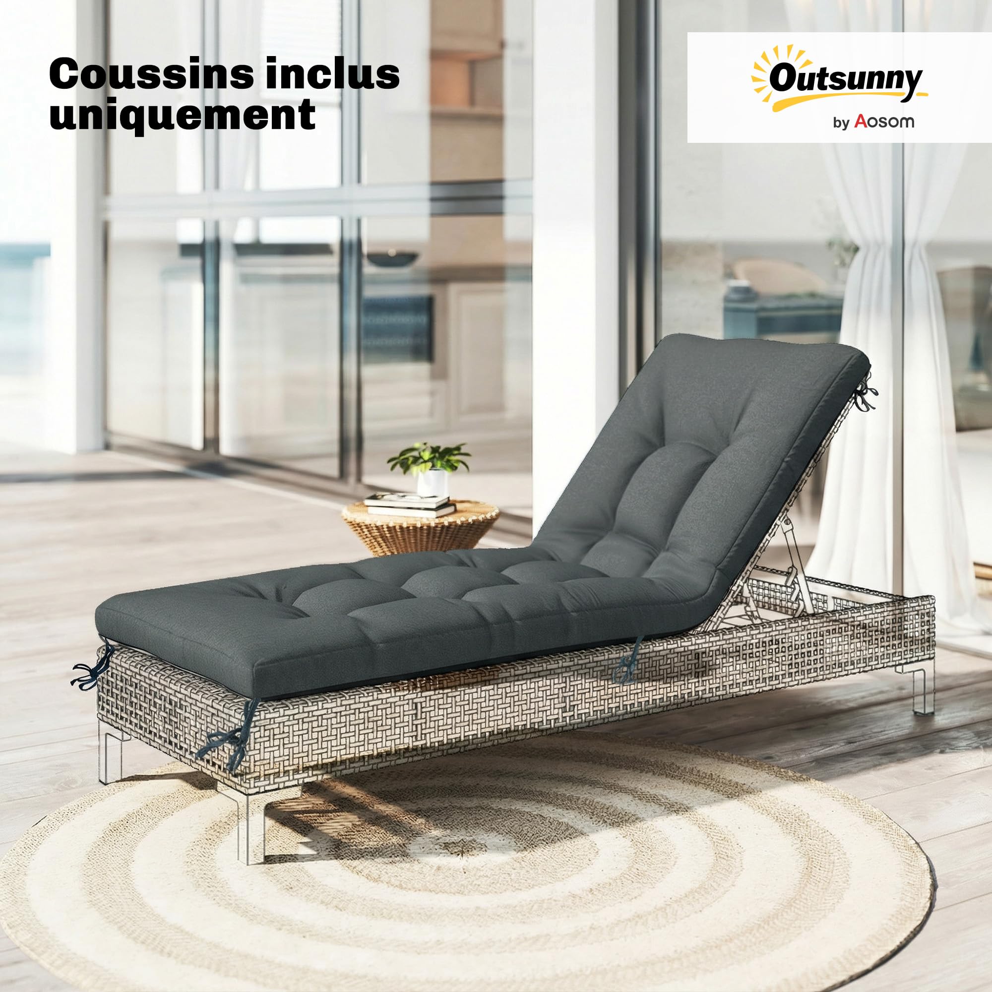 Outsunny Coussin Bain de Soleil Chaise Longue en Mousse à Mémoire, avec Sangles de Fixation, Protection UV50+, Coussin de Banc Matelas Assise pour Canapé Banc de Jardin, 198x65x13cm, Gris foncé