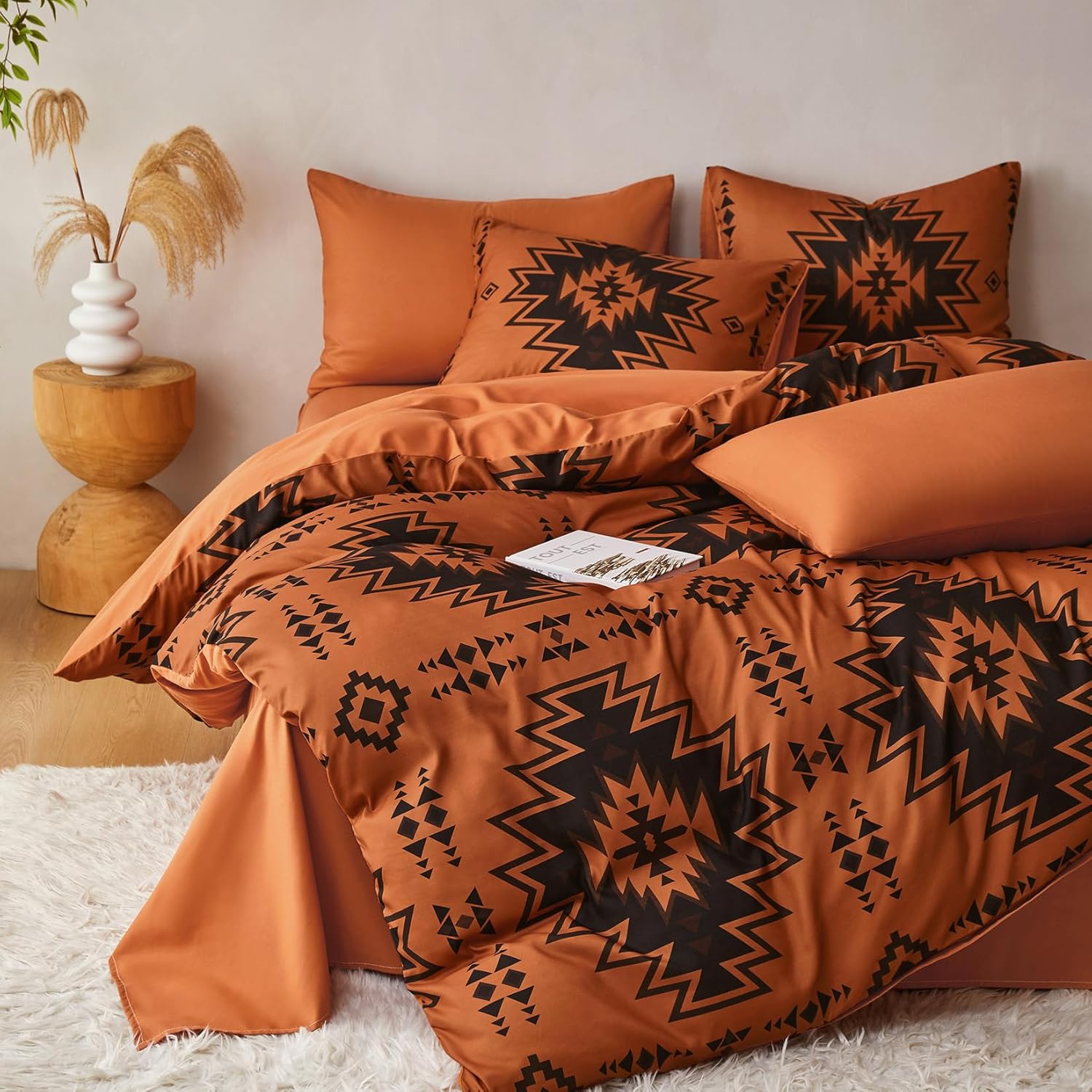 Wake In Cloud - Western Comforter Set, Boho Southwestern Rustic Farmhouse Style with Aztec Geometric Block Pattern, Soft Lightweight Bedding, 3 Pieces, Burnt Orange, Queen Size - Image 3