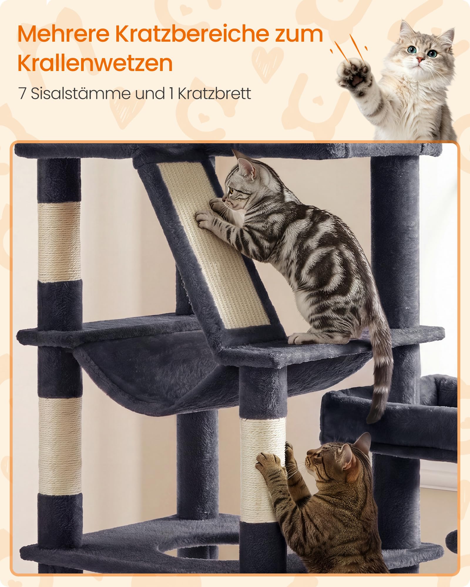 Feandrea Kratzbaum groß, 188 cm hoch, Katzenbaum für Große Katzen, mit 7 Sisalstämmen, 1 Kratzbrett, Doppelhöhle, große Plattform, für Mehrere Katzen, Dunkelgrau, Clawfy Kollektion PCT016G201