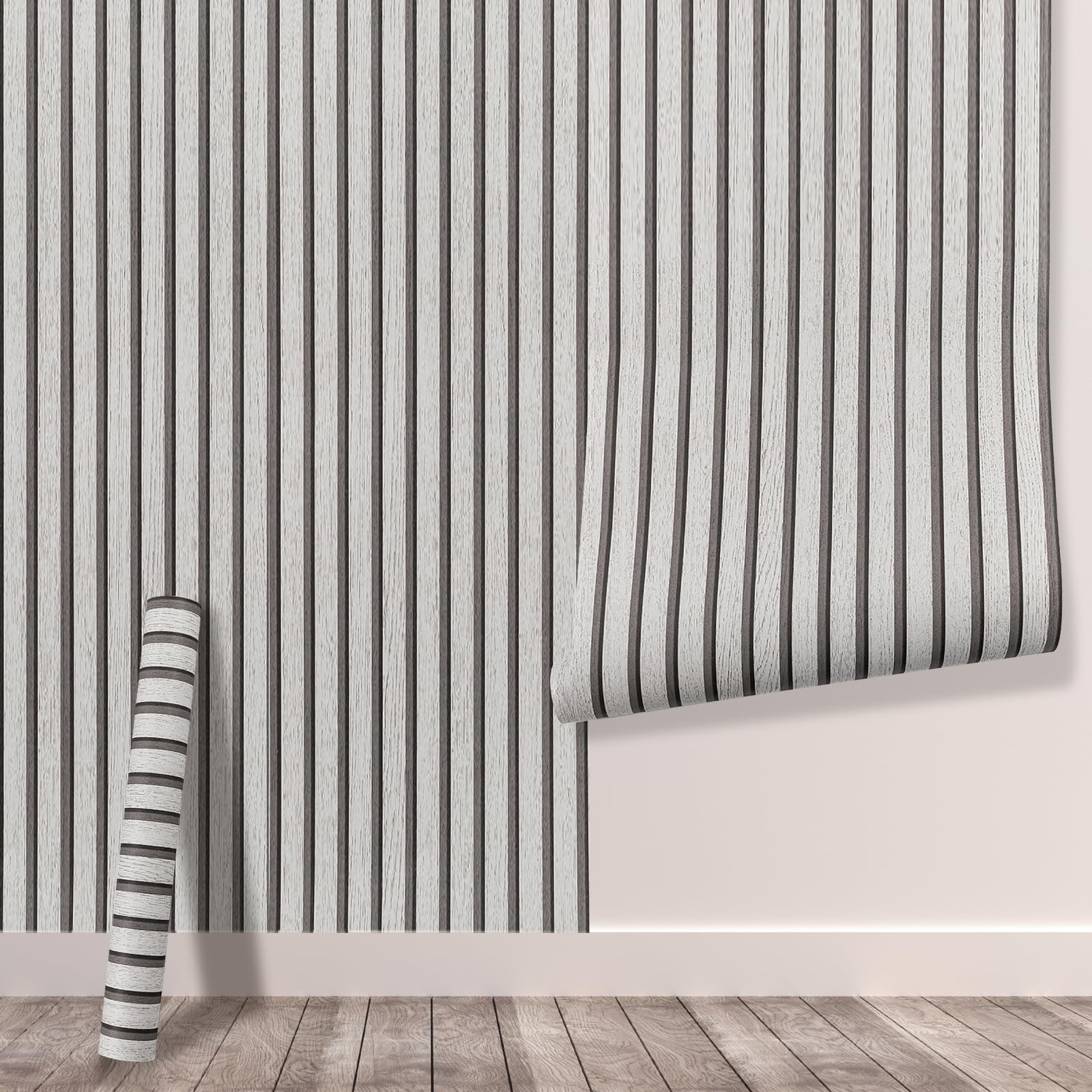 Tarwanear Wood Effect Wallpaper Wood Slat Wallpaper 1 Roll(5.03m²) Grey Wooden Slat Effect Wall Paper Natural Wooden Slatted Roll for Living Room Bedroom Office Front Desk Feature Wall — image 1