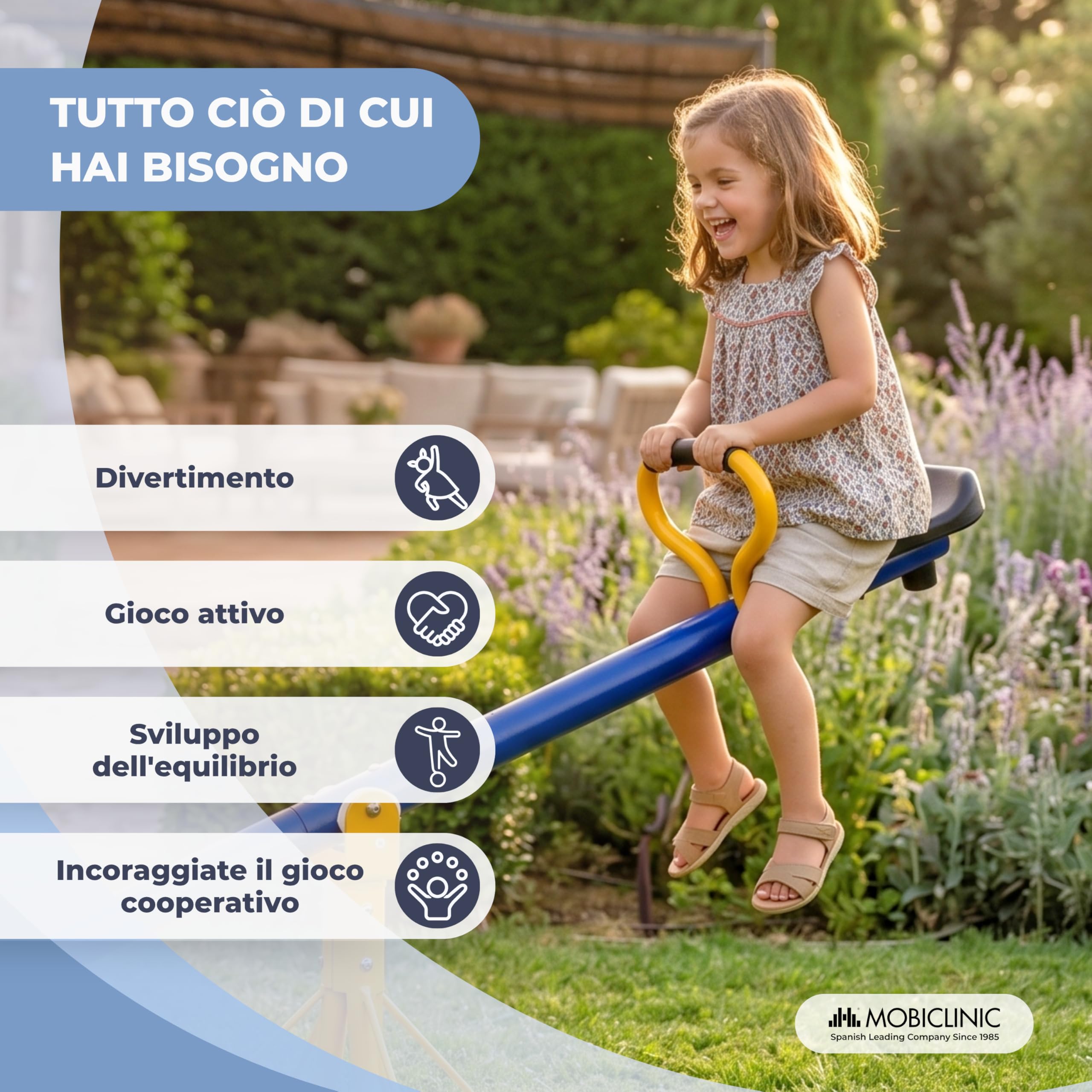 Mobiclinic®, Dondolo Girevole per Bambini 360°, 200x66x35 cm, 2 Posti, Impugnatura in Schiuma, Max. 70 kg, Gancio per Montaggio su Superficie, Sicuro e Stabile, Mobifun
