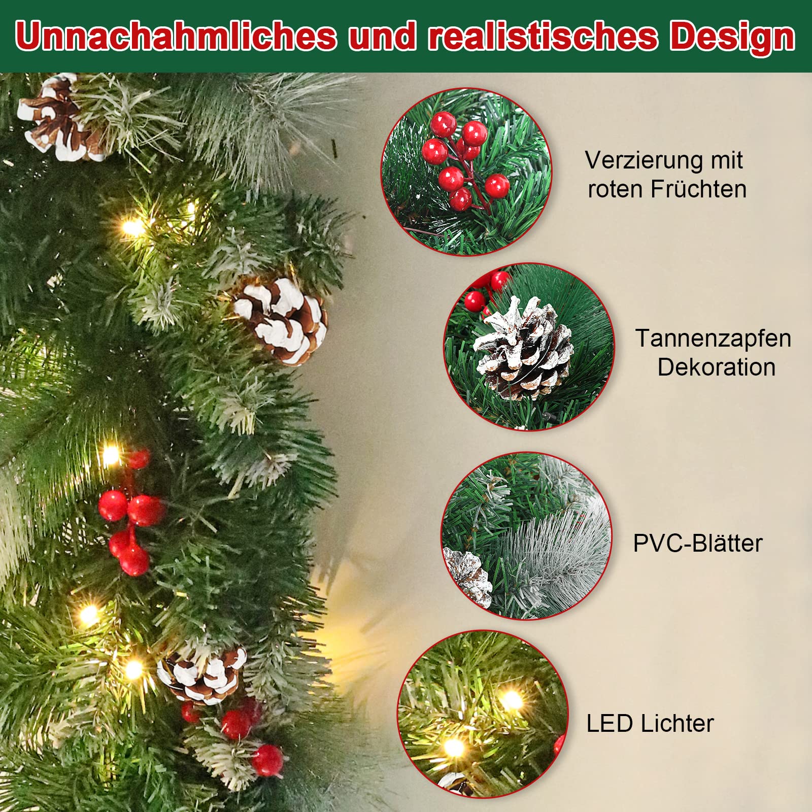 Froadp 800cm Künstliche Girlanden für Festlichkeiten, Weihnachten Tannengirlande mit Schnee Kiefernzapfen & Rot Beeren, Weihnachtliche Kränze mit LED, Hängende Blumen Türkranz für Parties Geburtstag