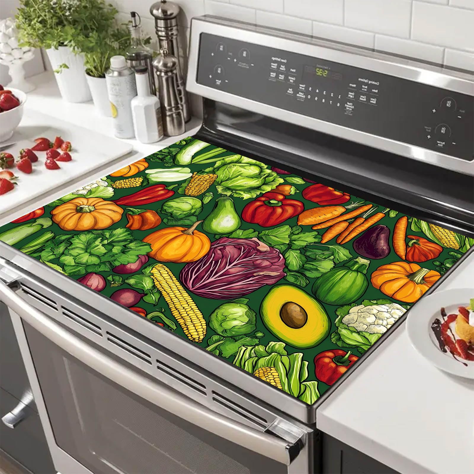 HOMETITUTE Stove Top Covers for Electric 28x20 Inches Vegetables Pattern Heat Resistant Cooktop Cover Dish Drying Mats for Kitchen Decorations Coffee Bar Mats Stovetop Protector Countertop Cover
