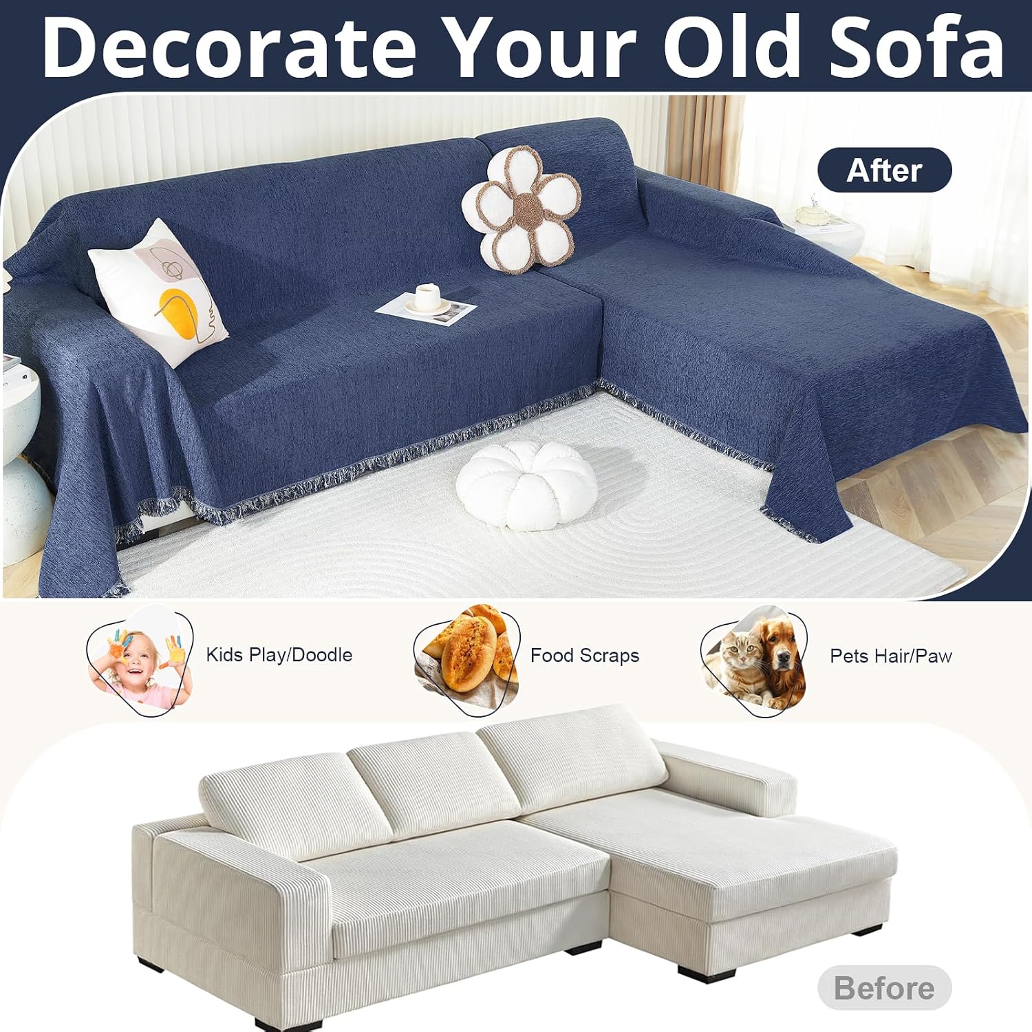 Royhom L-Shaped Sectional Couch Covers, 2-Piece Navy Blue