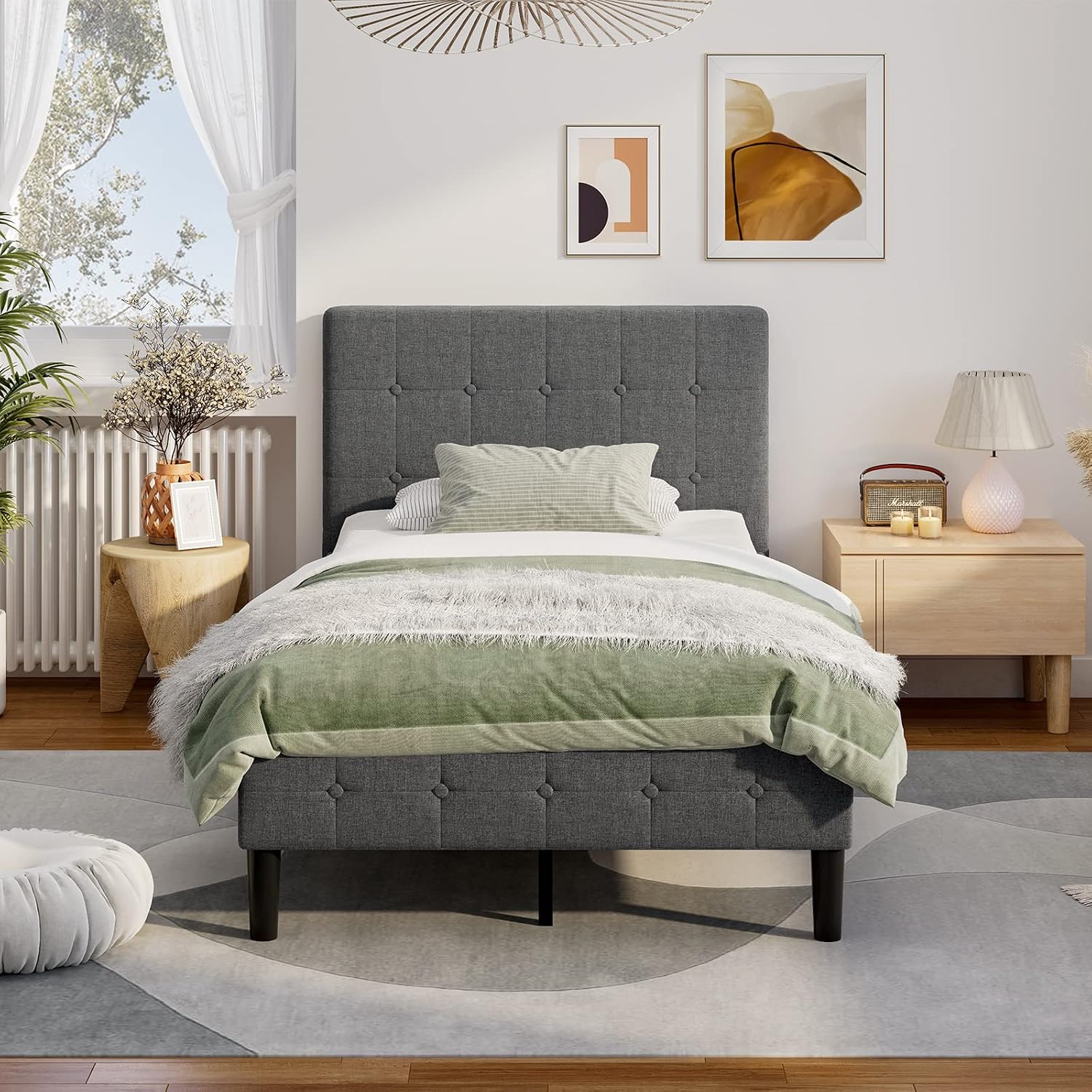 Upholstered Twin Bed Frame with Headboard, Solid Wood Slat Support Mattress Foundation, No Box Spring Needed & Easy Assembly, Under Bed Storage, 16 inch Tall Platform Single Bed Frame (Grey)