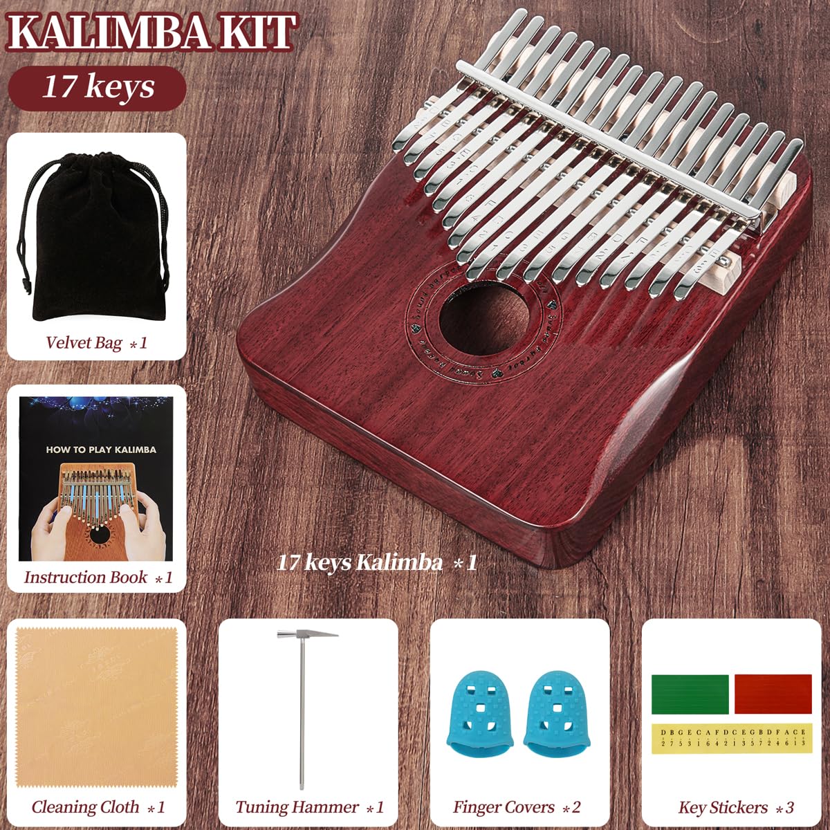 Kalimba Daumenklavier 17 Tasten Finger Piano (Weinrot)