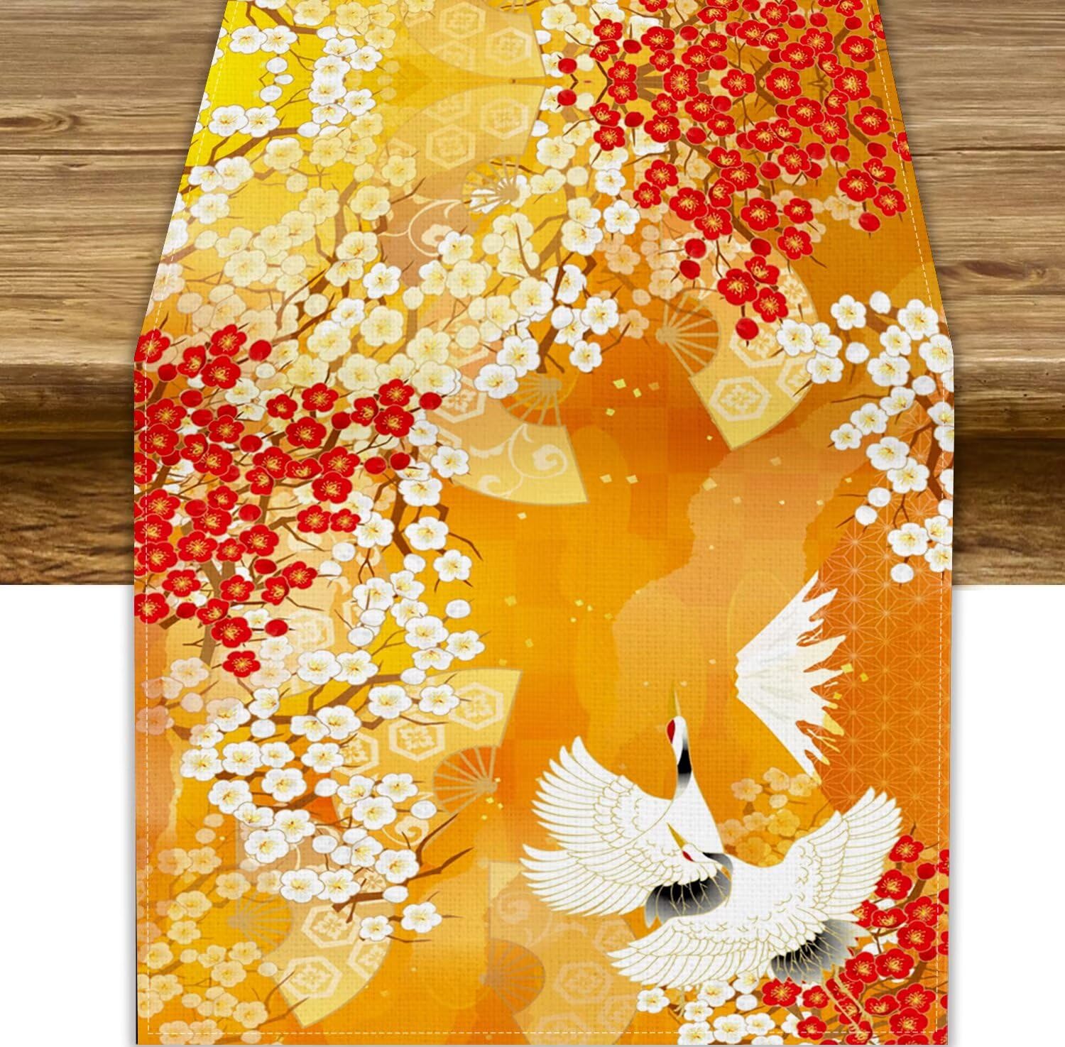 Japanese Cherry Blossom Crane Table Runner,Asian Oriental Crane Birds Flower Nature Landscape Print Table Runner for Party Holiday Dining Room Kitchen Decor 13x60in