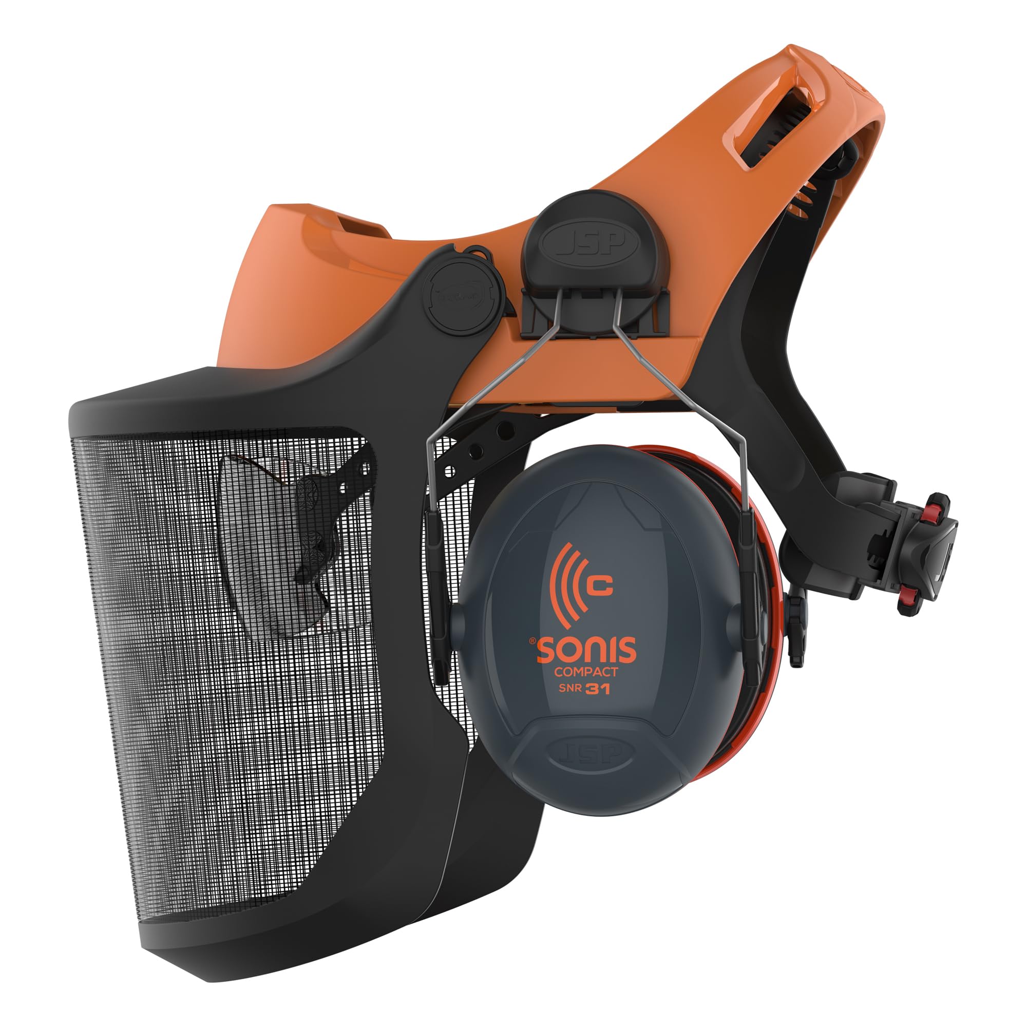 JSP EVOGuard M2 Forstschutz-Stirnhalterung mit Gittervisier, Orange | Forstschutzsystem mit Edelstahl-Gittervisier und doppeltem Augenschutz für Baumpflege und Landschaftsbau. EN 1731