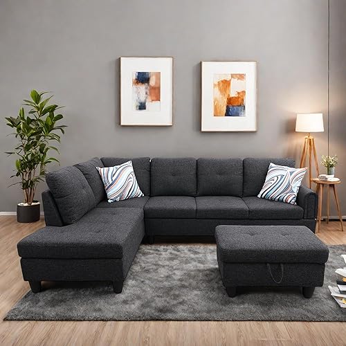 L Shaped Sectional Sofa with Ottoman, Linen Modern Couches Nail-Head Design with Cup Holder for Living Room,Office, Bedroom, Grey