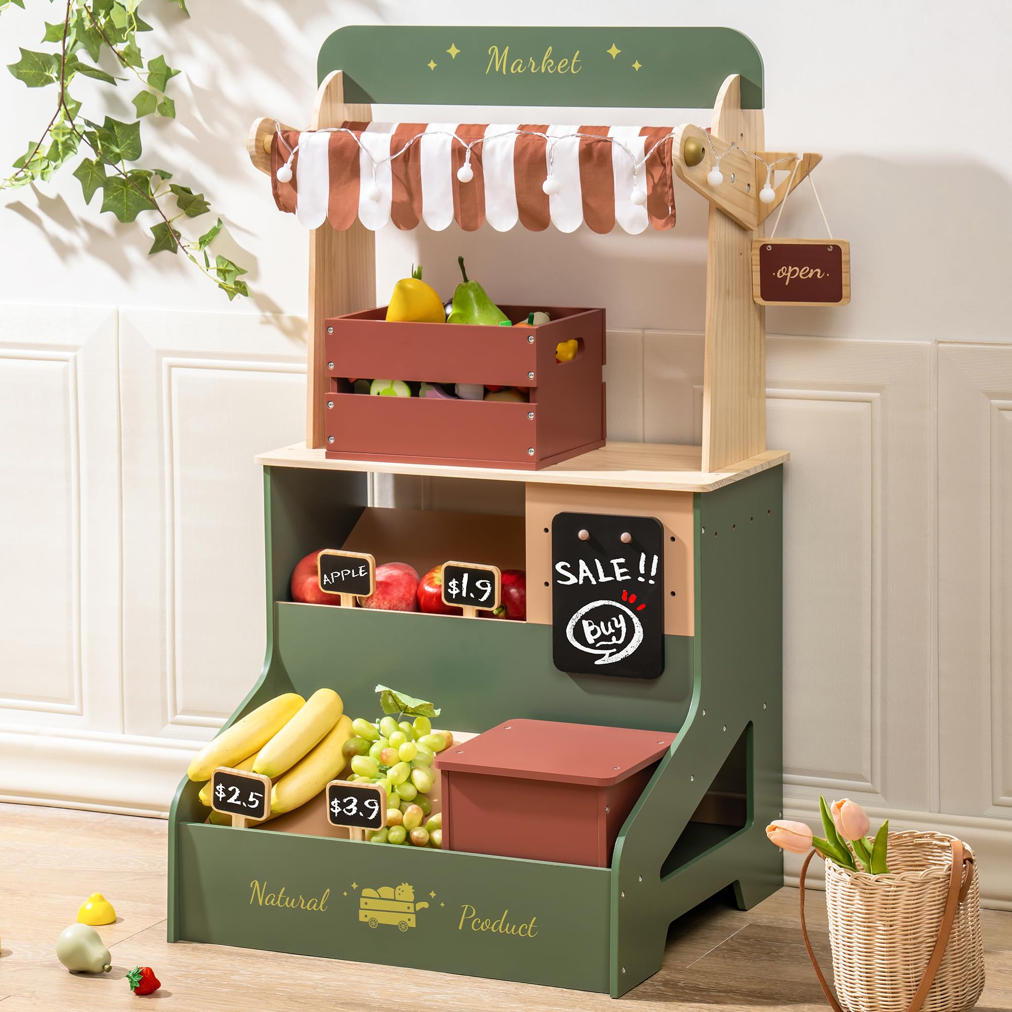 Starlight Market - Juego de tienda de comestibles de madera, juego de cocina Starlight Market, juego de simulación realista con luces, pizarra, regalo para niños y niñas mayores de 3 años 6