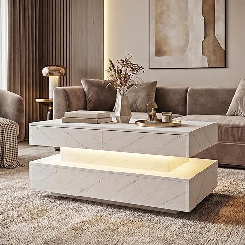 Miniatura 8 de Mesa de centro para sala de estar, mesa de centro moderna con 2 cajones de almacenamiento, mesa central de 2 niveles de madera con luces LED de 20