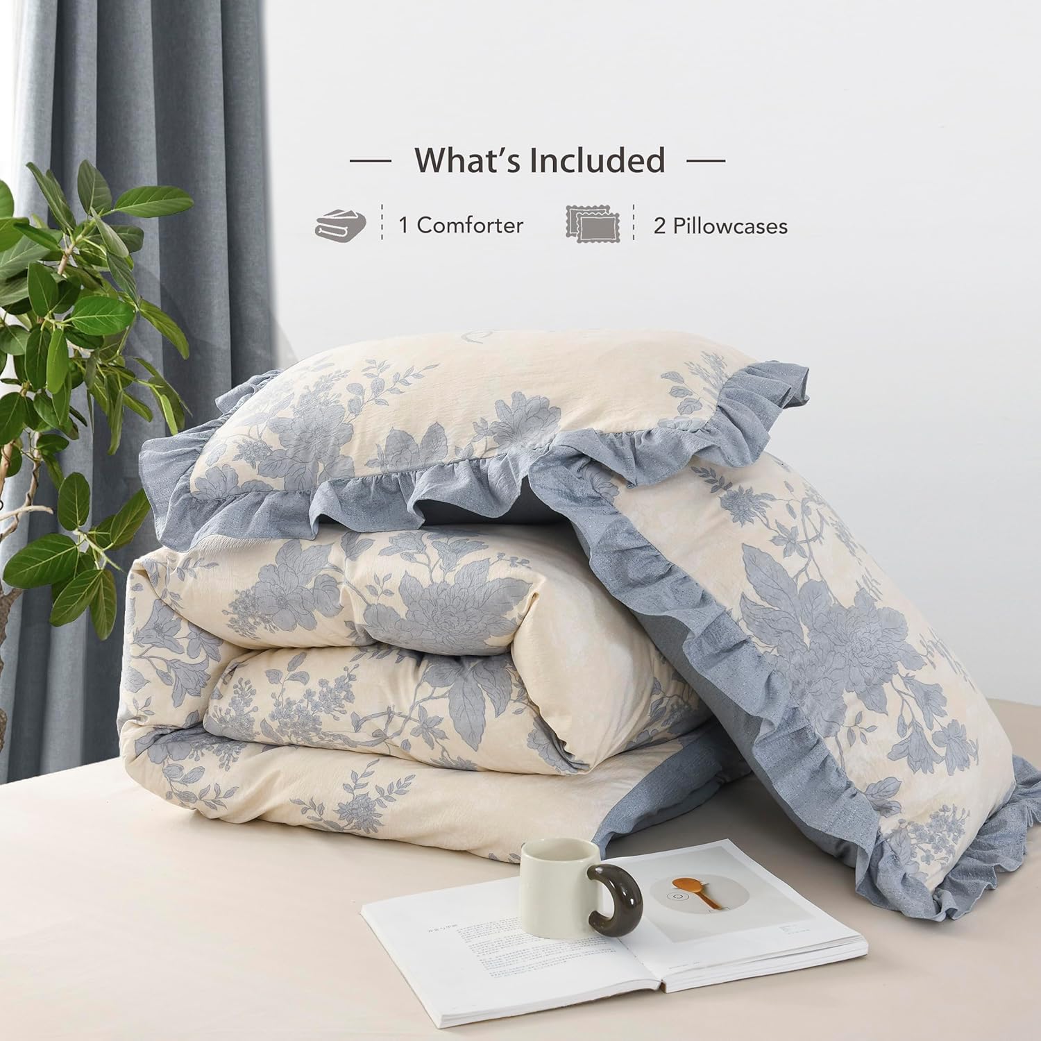 Oli Anderson 3 Piece Floral Comforter Set, Vintage Botanical Print Bedding Set, Farmhouse Lightweight Cottagecore Bed in a Bag with Ruffle Flowers Comforter (Blue, King)