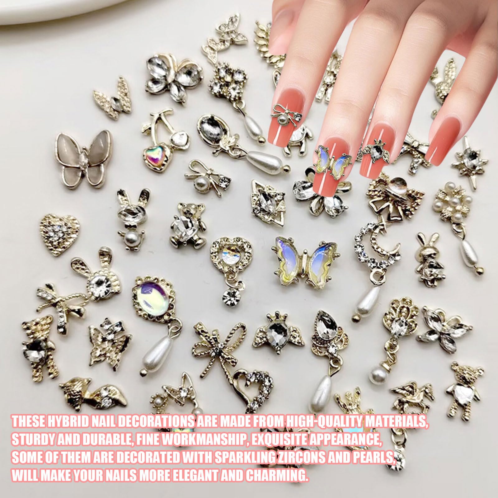 Nail Art Hearts and Bows,50PCS Mixed 3D Gold Pearl Rhinestones Bowknot Luxury Dangle Nail Art Charms (C Mixed Pattern Gold) - Image 2