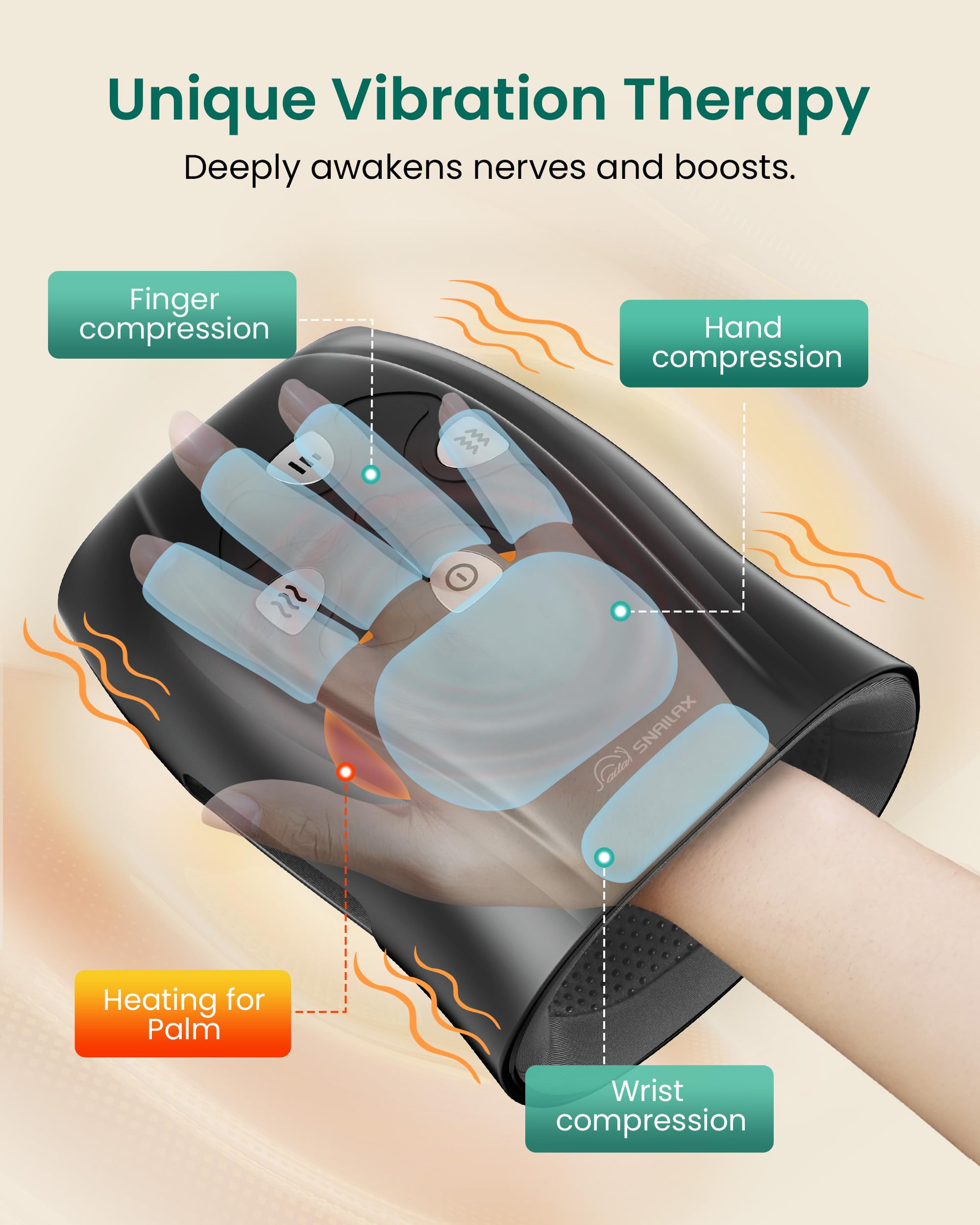 Snailax Hand Massager with Heat and Compression, Vibration, Cordless Hand Massager for Arthristis, Carpal Tunnel, Gifts for Women, Men, Mom(): Black