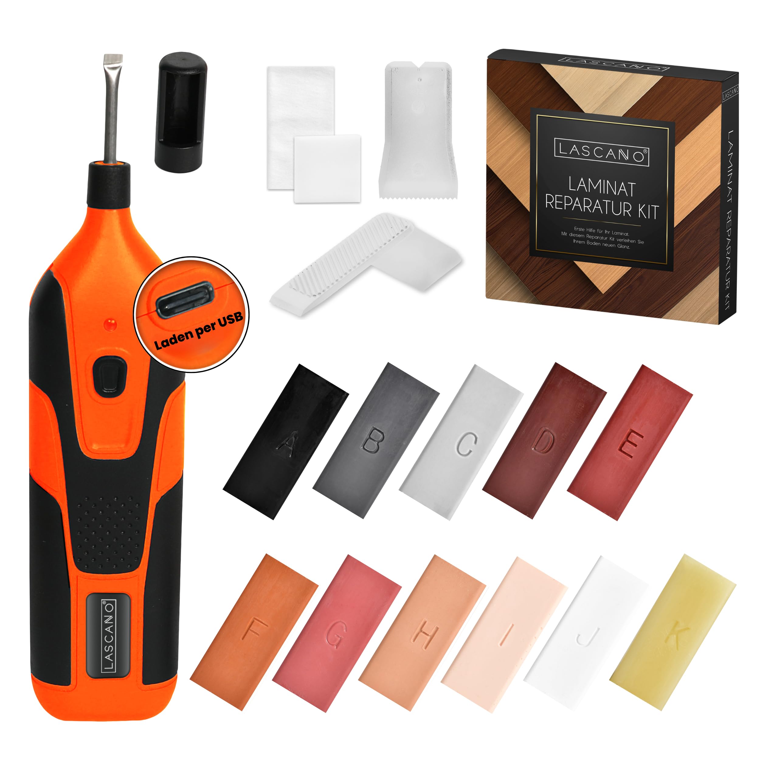Lascano® Laminate Repair Kit, Wax Melter with USB Connection, for Parquet, Laminate, Wooden Furniture and Much More, Professional Wood Putty with [11] Hard Wax Poles