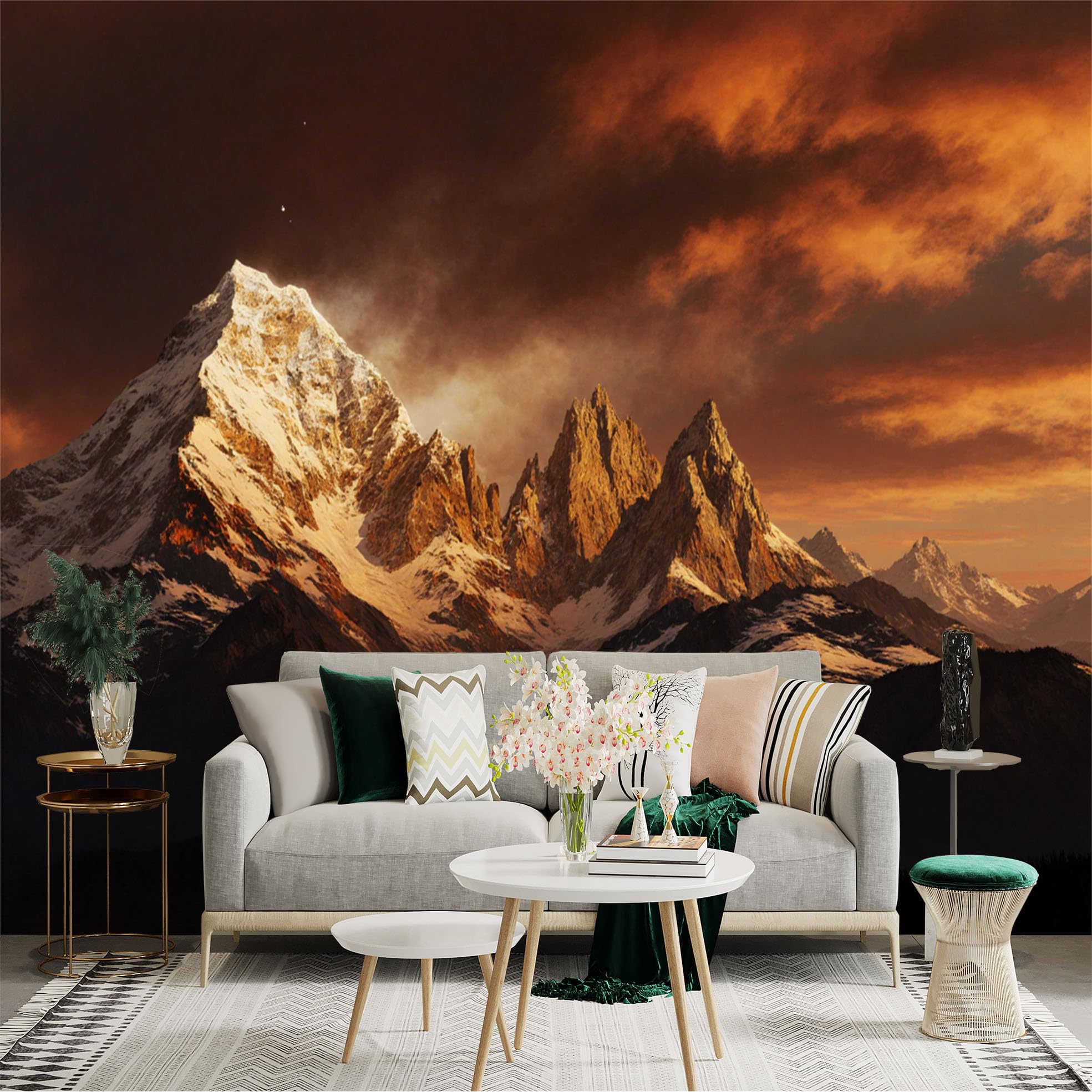 Lnzczhyre Xc260505174 Custom Size Wall Sticker Mural， Majestic Snowy Mountain Peaks， Dramatic Sunset Clouds， Golden Hour Alpine Scenery， Serene Nature Landscape， For Wall Decoration， Peelandstick Wall Decals.