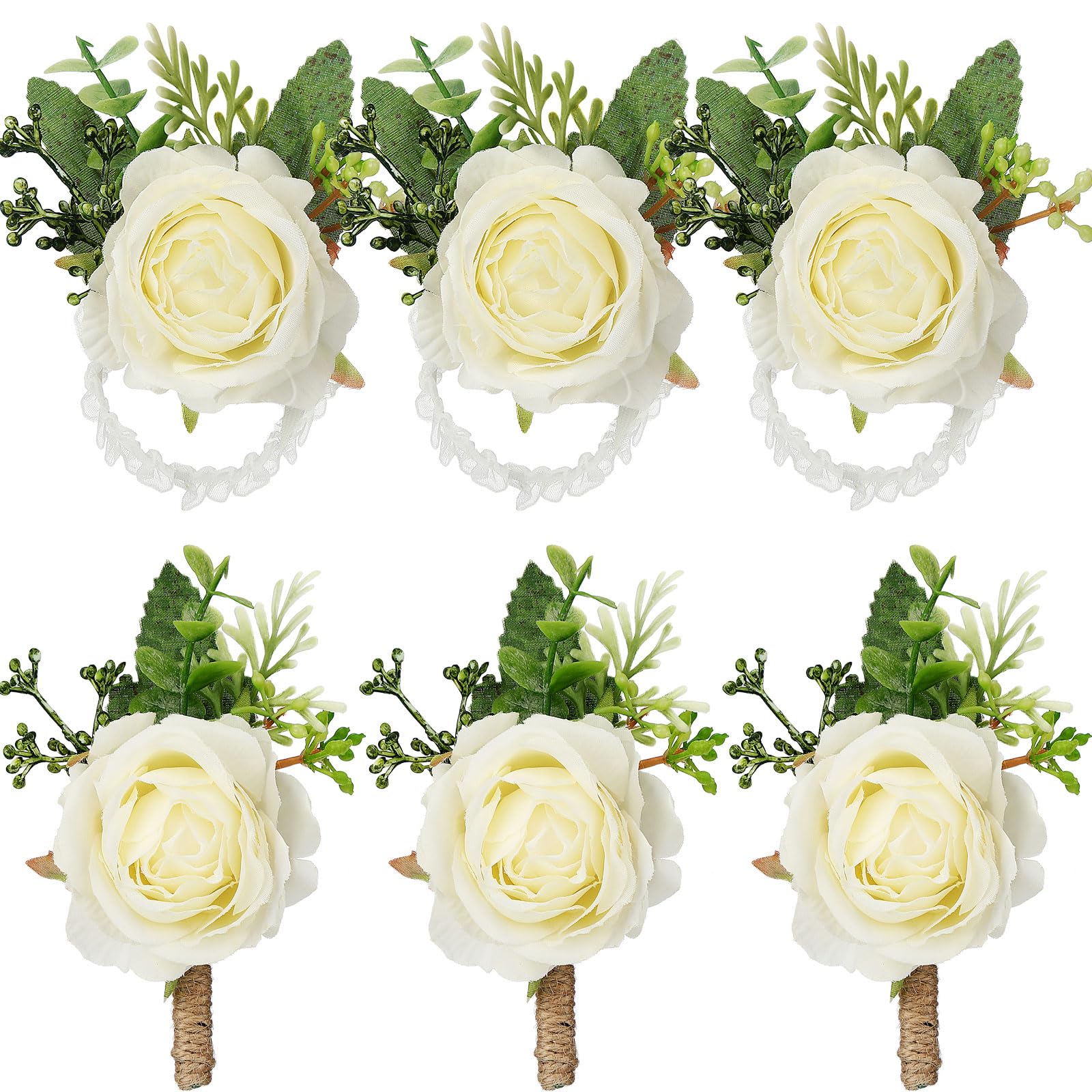 Sherr6 Pcs Rose Wrist Corsage and Boutonniere Set Flower Wrist Corsage Wristlet Band Bracelet Bridegroom Men's Boutonniere Wedding Wristlet Hand Flower for Prom Party Bouquets (White)
