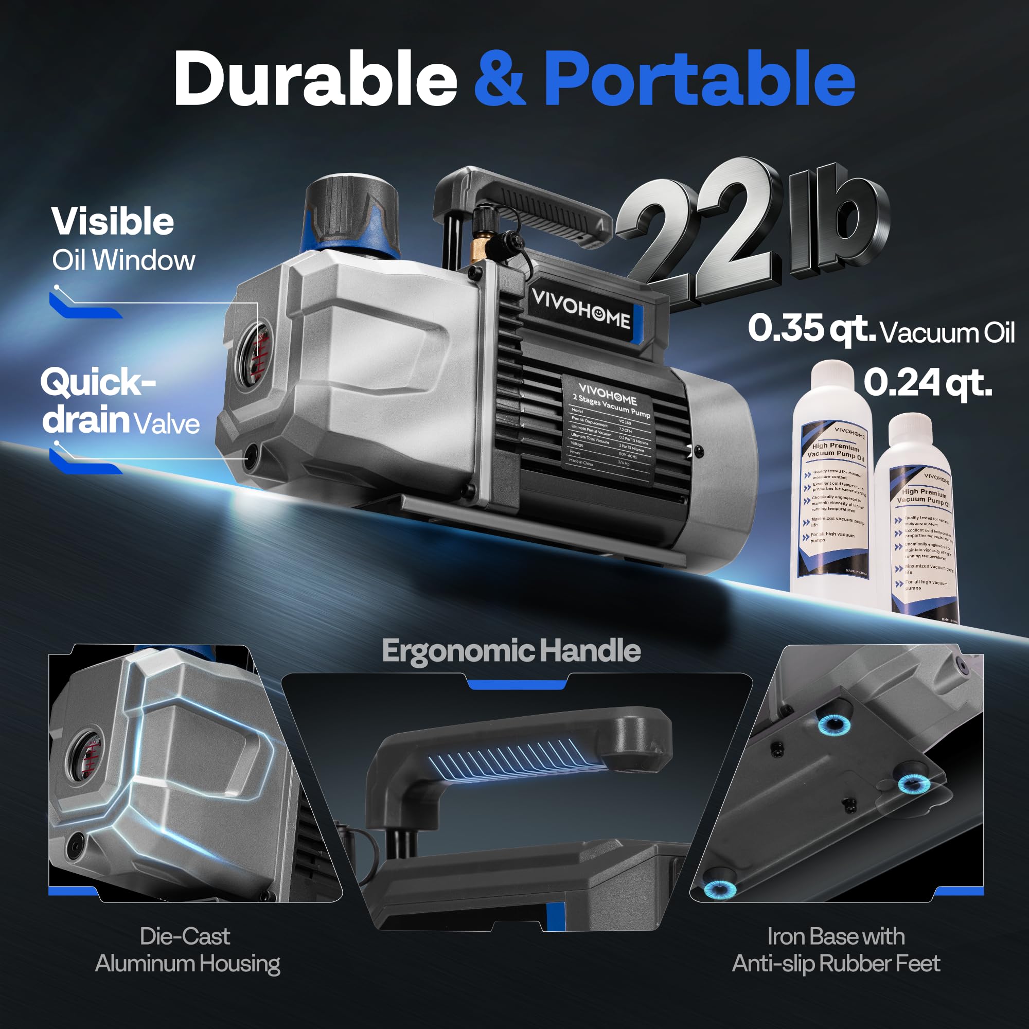 VIVOHOME Bomba de vacío HVAC de 2 etapas de 3/4 HP 7.2 CFM