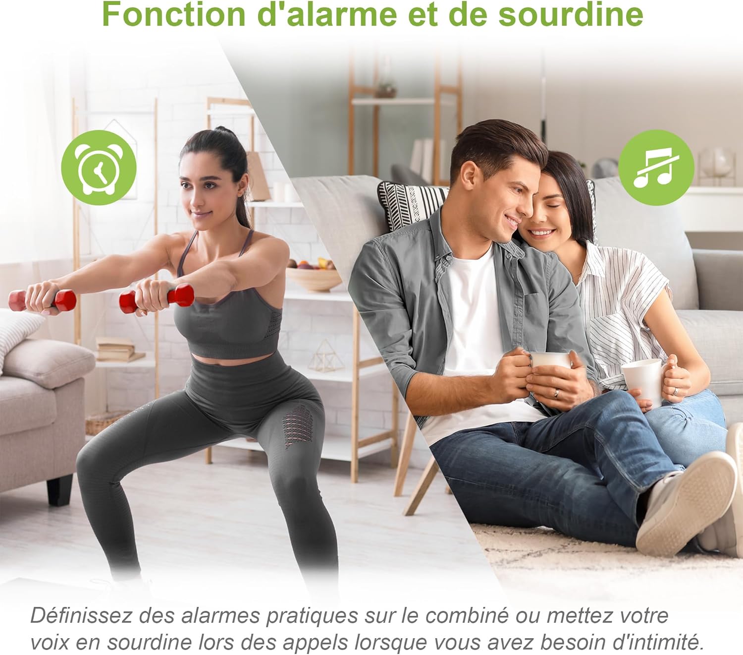 People using VTech CS1501 phone with alarm and mute icons