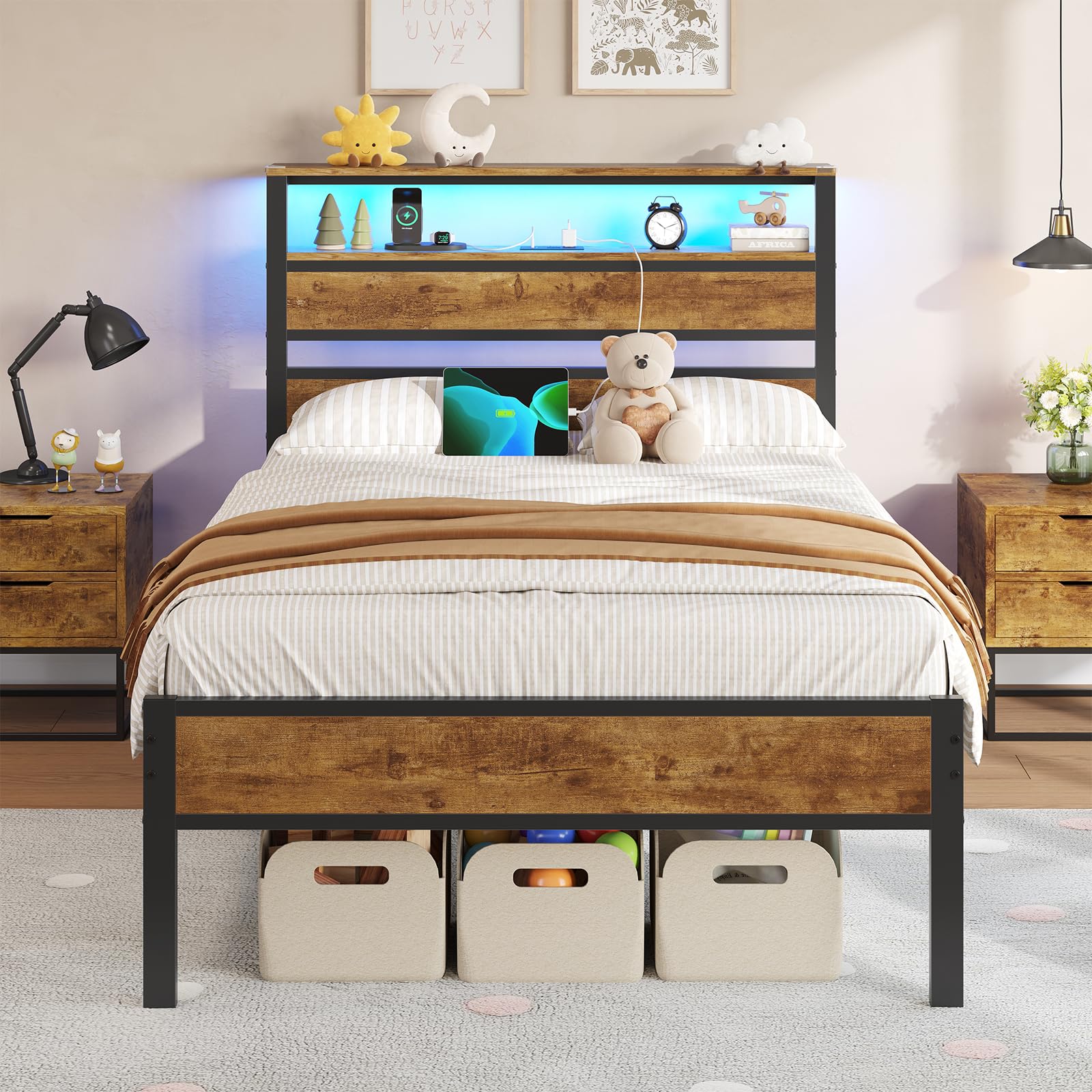 DICTAC 18 Inch Twin Bed Frames with Charging Station and LED Light, Wood Headboard with 2-Tier Storage Shelves, Twin Size Platform Bed Frame with