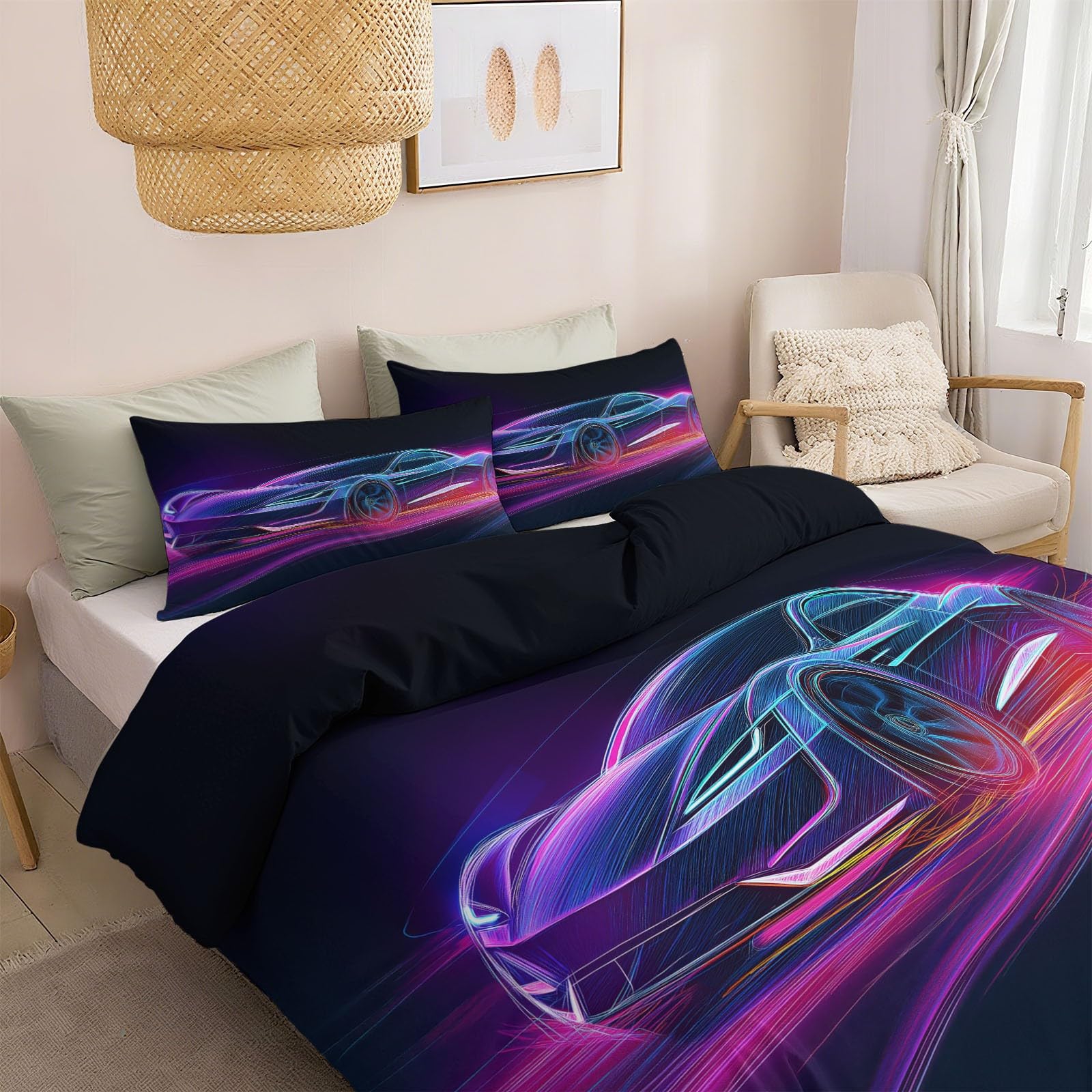 Poszwa na kołdrę dwustronna nowoczesna technologia samochodowa elektryczna 200 x 200 cm, 3-częściowa miękka kołdra z mikrofibry - 2 poszewki na poduszki, kołdra 4 pory roku, do łóżka 2-osobowego