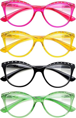 Gr8Sight Paquete de 4 lentes de lectura para mujer, diseño de ojo de gato con diamantes de imitación a la moda