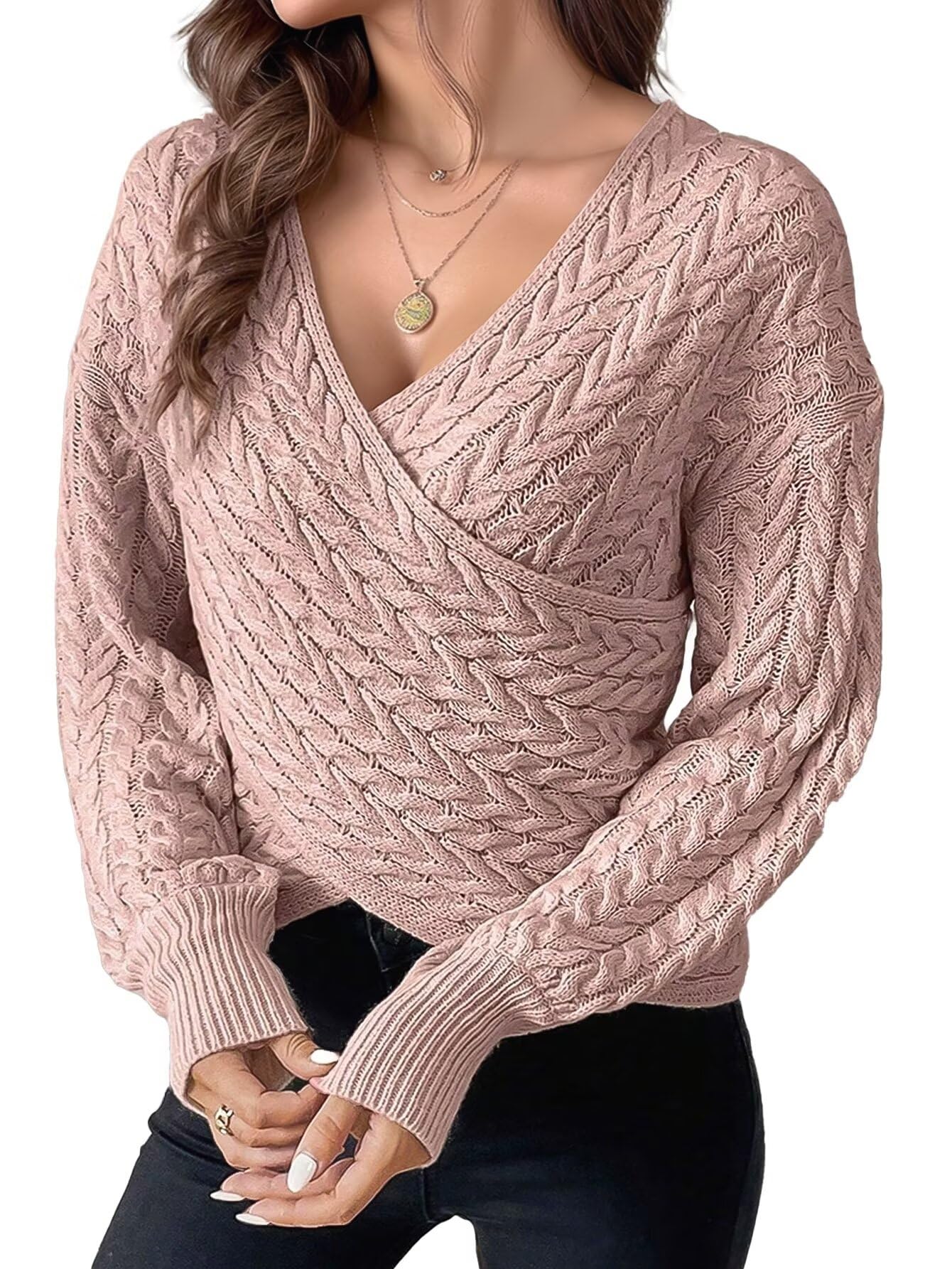 Flamingals Womens Long Sleeve Wrap V Neck Sweater Cropped Slim Fit Solid Cable Knit Sweatshirts