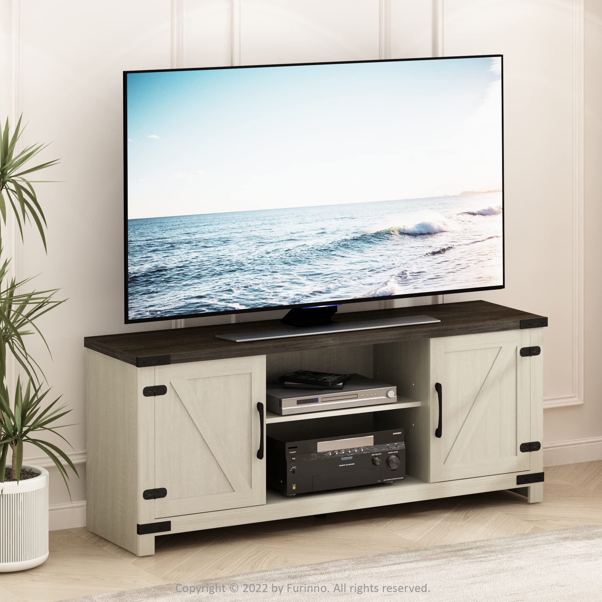 Furinno Jensen Mobile TV Stile Farmhouse – Adatto A TV Fino A 70 Pollici, Marrone Rustico, Dimensioni 148,21 X 39,60 X 60,50 Cm, Con Ante E Ripiani Regolabili