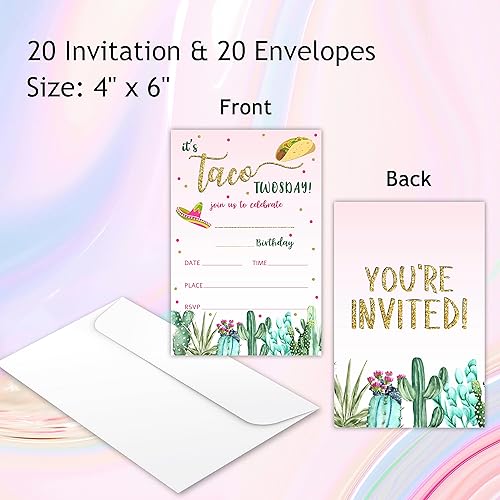 Miniatura 2 de Taco Twosday - Tarjetas de invitaciones para fiesta de cumpleaños, suministros de fiesta de cactus para niños, niños o niñas, 20 invitaciones de
