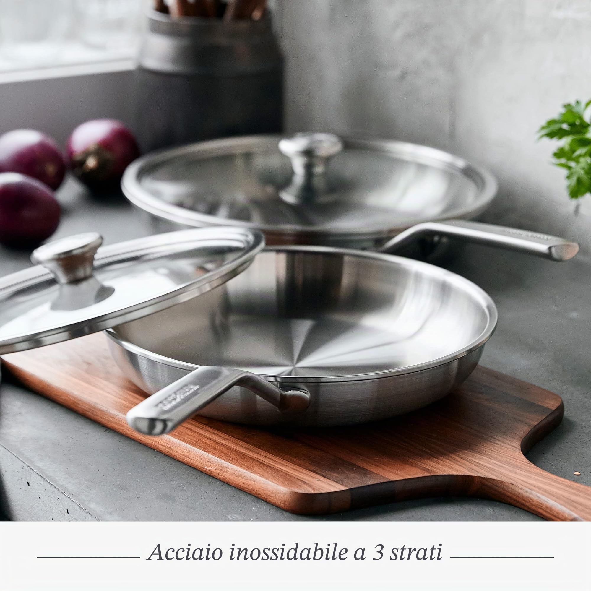 Merten & Storck Tri-PLy Batteria di Pentole 2 Pezzi con Coperchi,26cm & 30cm,a Induzione in Acciaio Inox,sicure per gli utensili in metallo,Multi Clad,lavabili in lavastoviglie e in forno,Argento