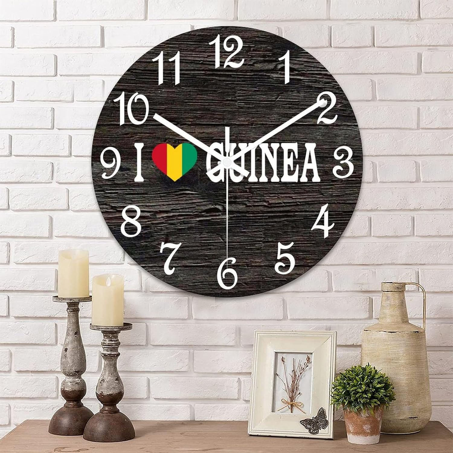 Flag of Guinea Wooden Wall Clock I Love Guinea Quiet Digital Round Wall Clock Wood Clock Stylish Wall Decor Home Decor Clock for Dining Room Farmhouse
