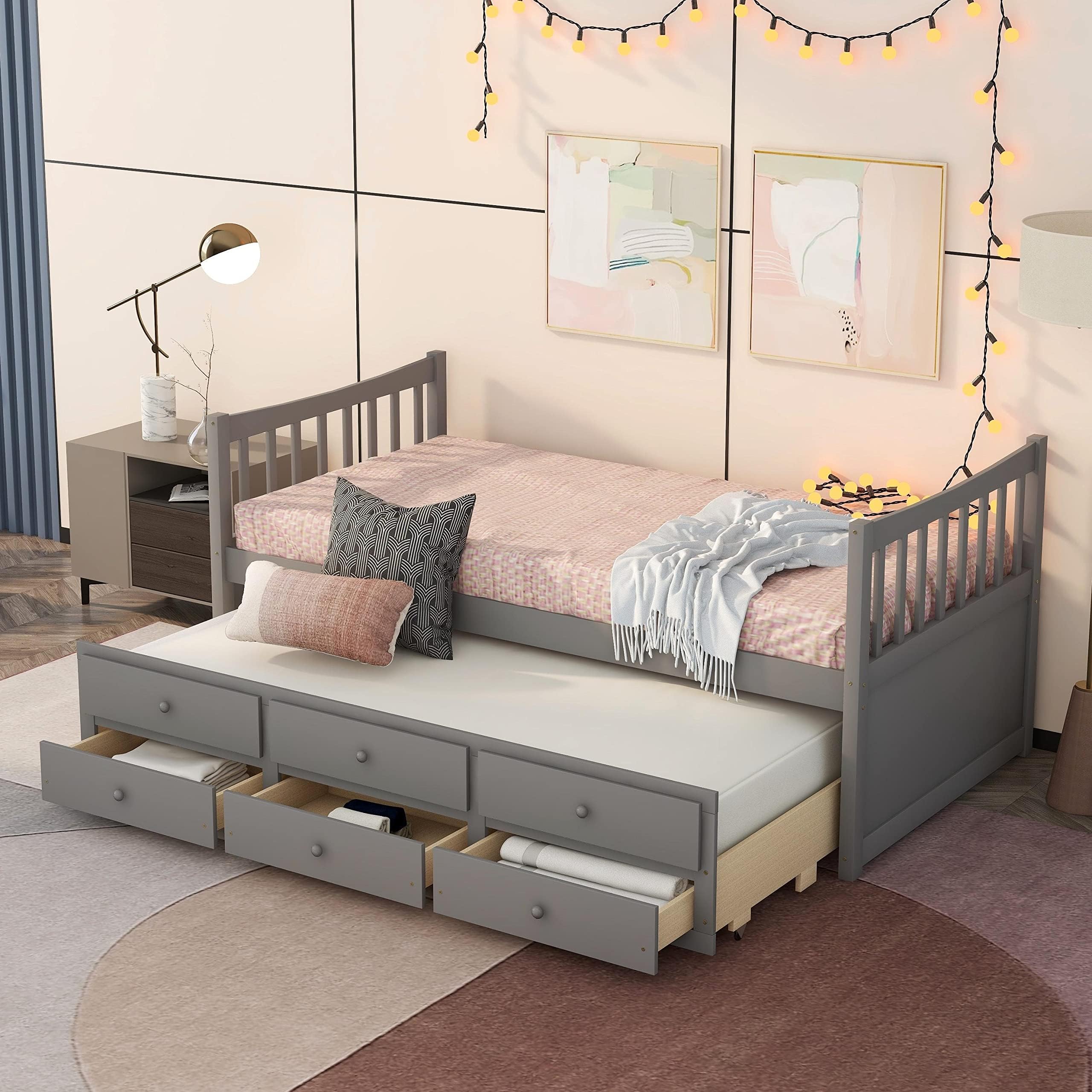 Harper & Bright Designs Twin Platform Bed with Trundle, BoatShaped Twin Size Bed