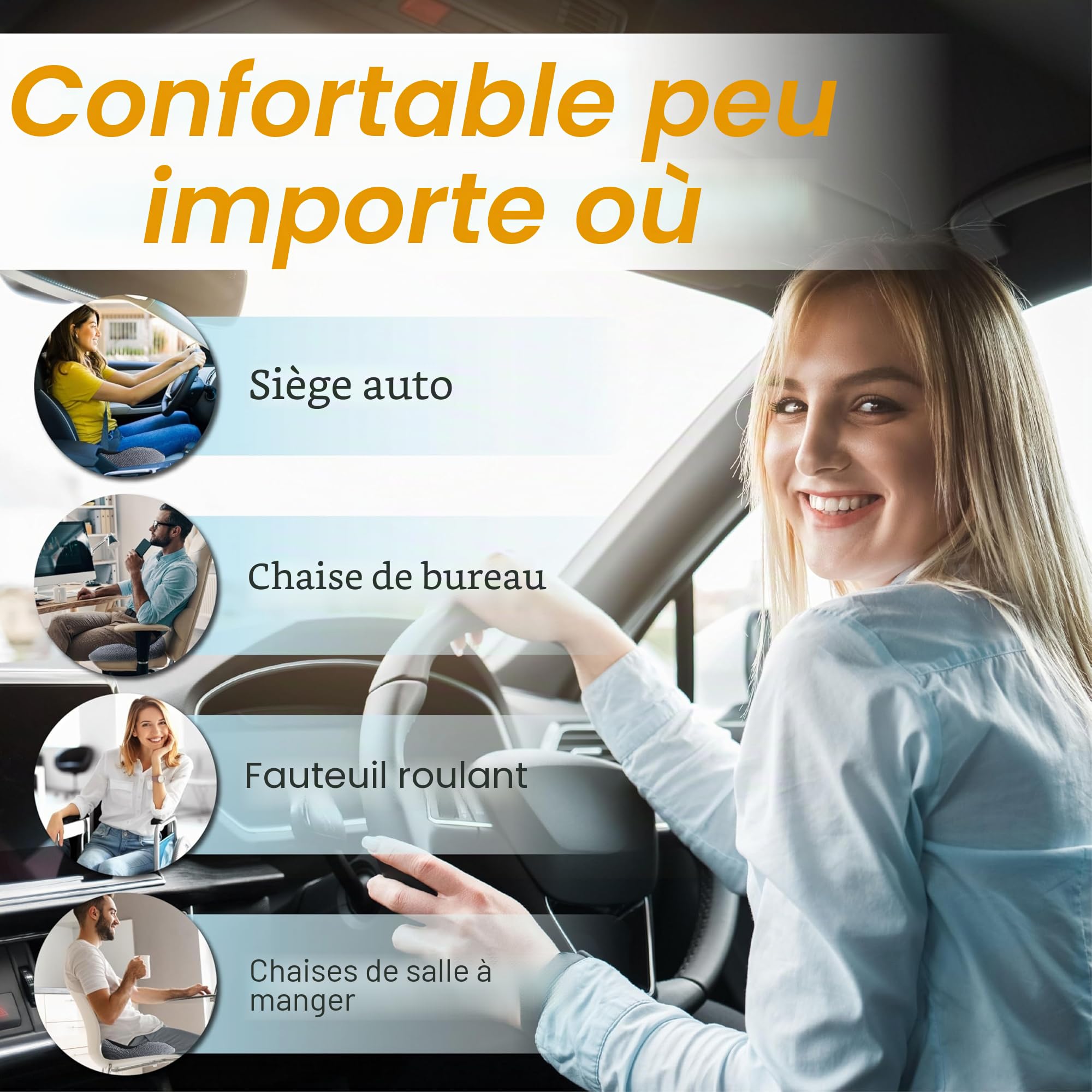 Coussin de siège de voiture, coussin ergonomique en mousse à mémoire de forme pour soulager la douleur sciatique, siège rehausseur adulte pour personnes courtes, coussin de voiture pour conduite