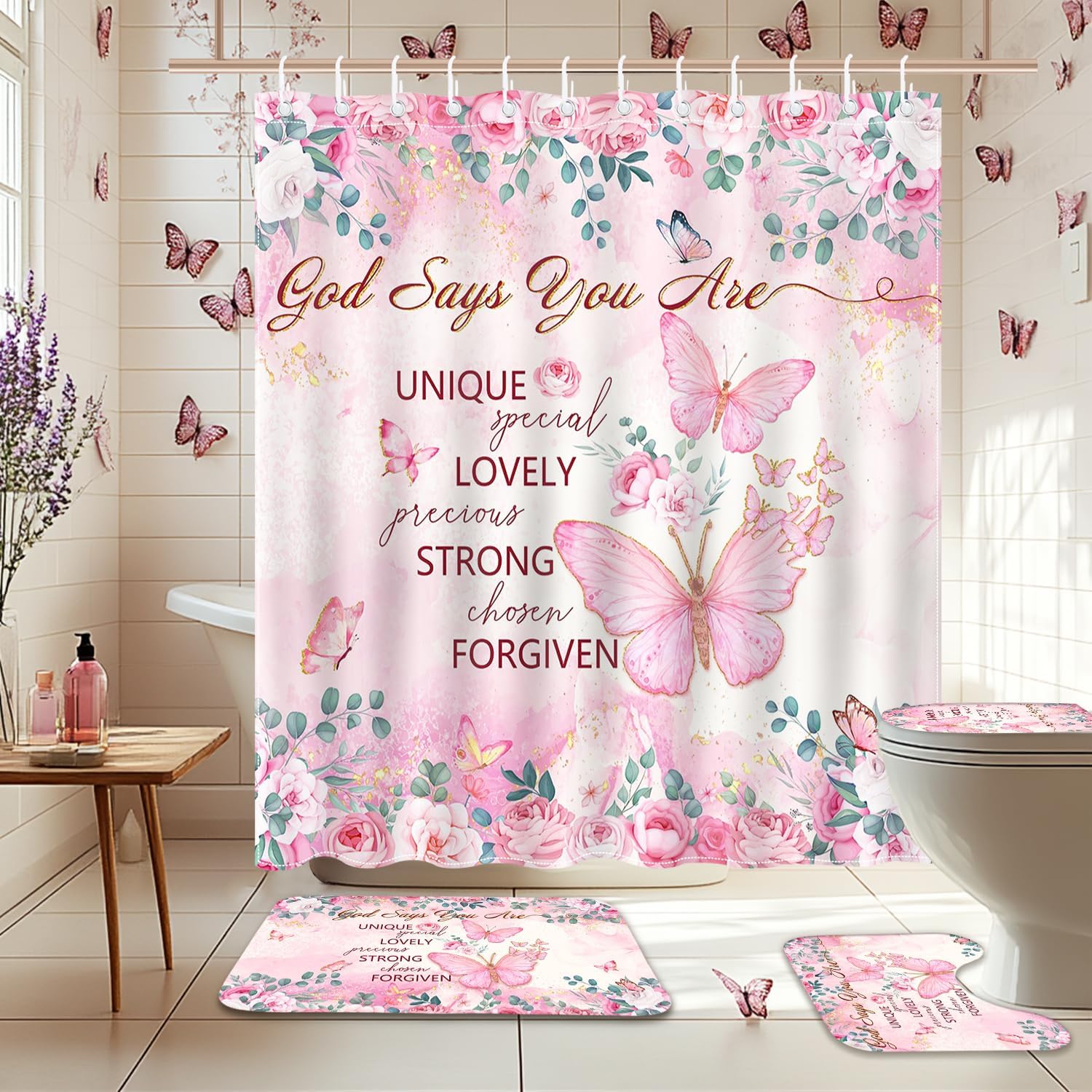 Mocsicka Pink Butterfly Shower Curtain Set for Bathroom, 4Pcs Butterfly Bathroom Sets with Non Slip Rugs, Toilet Lid Cover, Bath Mat, Shower Curtain, Bathroom Decor with 12 Hooks (Pink)