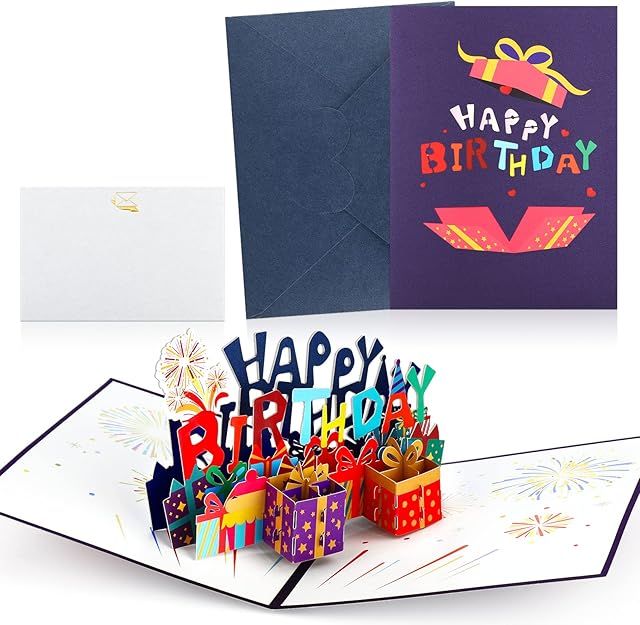 PROUSKY 3D Pop Up Happy Birthday Cards with Envelopes Handmade Birthday Cake Cards Greeting 3D Cards for Women Man Kids 20 x 15 cm, Happy Birday Card