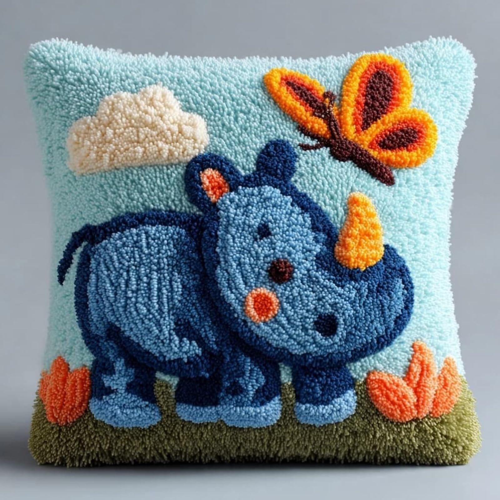 AxiangziK DIY Latch Hook Cushion Cover Kit,Rhinoceros and Butterfly 43x43cm Handmade Needlework Kit for Sofa & Bedroom Decorations