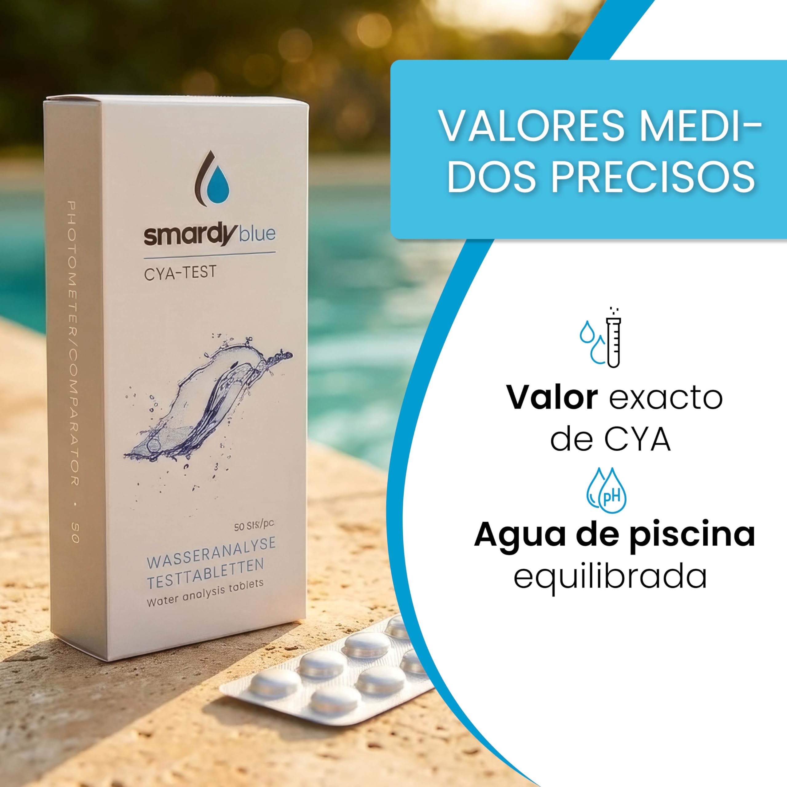 smardy 50 tabletas fotómetro CyA – mide el ácido cianúrico/estabilizador en piscina, spa, jacuzzi y acuario – compatible con PoolLab, SCUBA II, BAYROL y otros medidores electrónicos – Made in Germany