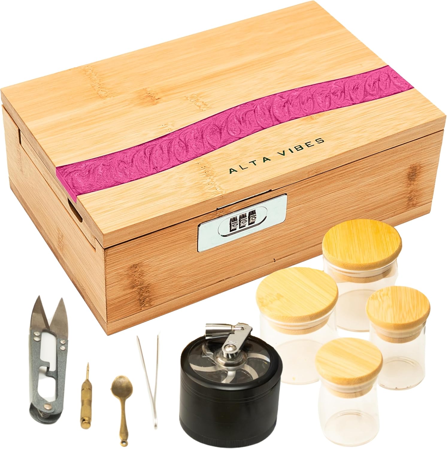 Decorative Bamboo Box with Lock – Large Wooden Organizer with Magnetic Lid, Tray, 4 Smell-Proof Glass Jars & Accessories – Stylish Lockable Storage Box for Home or Travel (Pink)