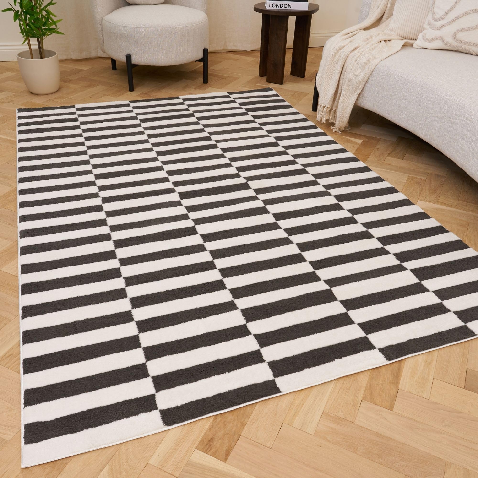 THE RUGS Living Room Rug, Loft Collection – Modern Textured 14mm Soft Pile Area Carpet, Non-Shedding & Easy Care [ Block Stripe Dark Grey, 160x230 cm]