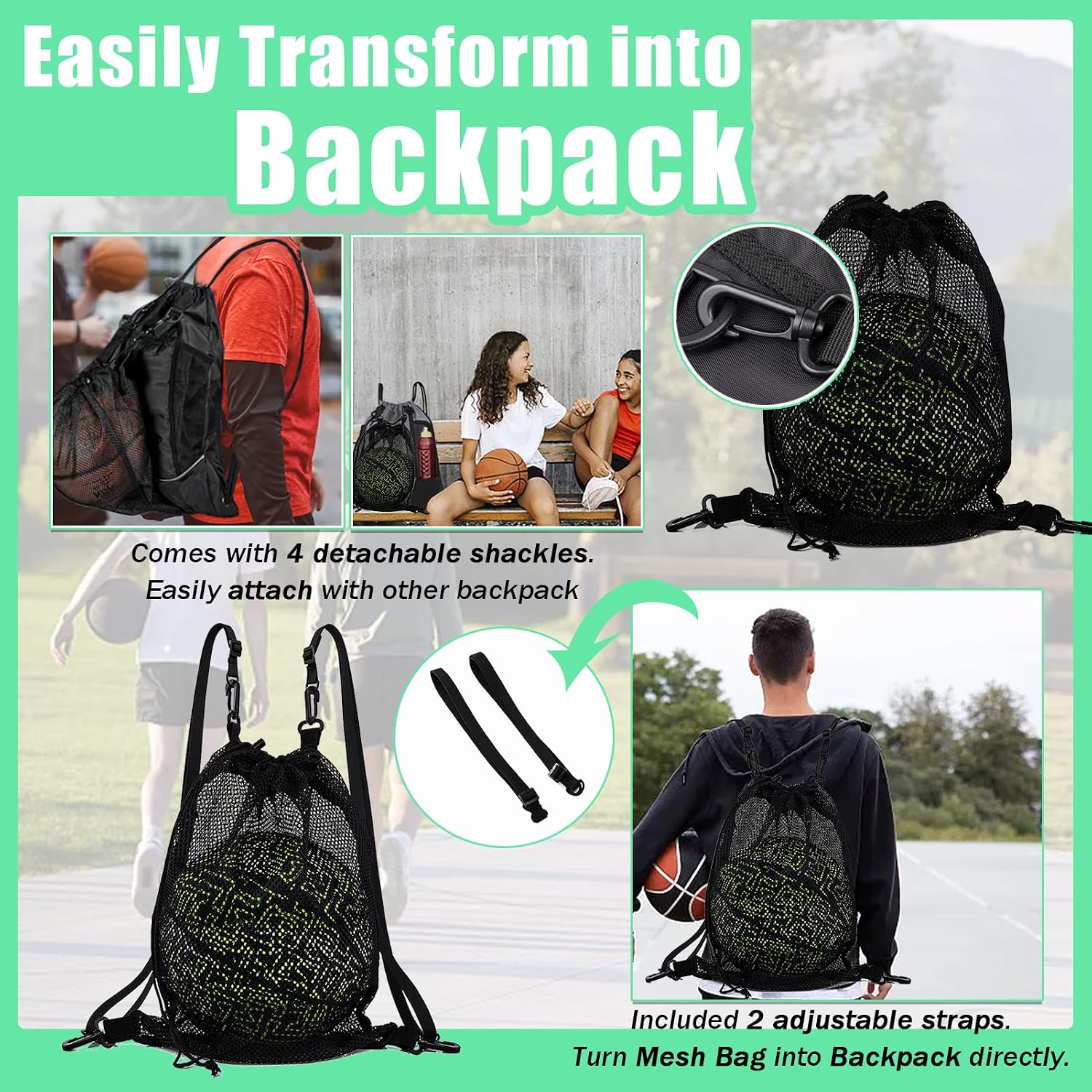 Drawstring Soccer Bag Basketball Backpack for Kids Teens, Foldable Sports Bags Detachable Ball Mesh Bag for Gym Yoga Football Baseball