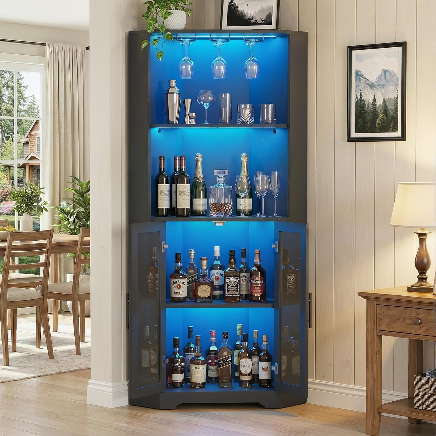 MAGIC UNION Corner Liquor Wine Display Cabinet with LED Lights, Modern 4-Tier Tall Coffee Bar Cabinet with Glass Rack, Adjustable Shelves & Tempered Glass Door for Living Room Kitchen Entryway