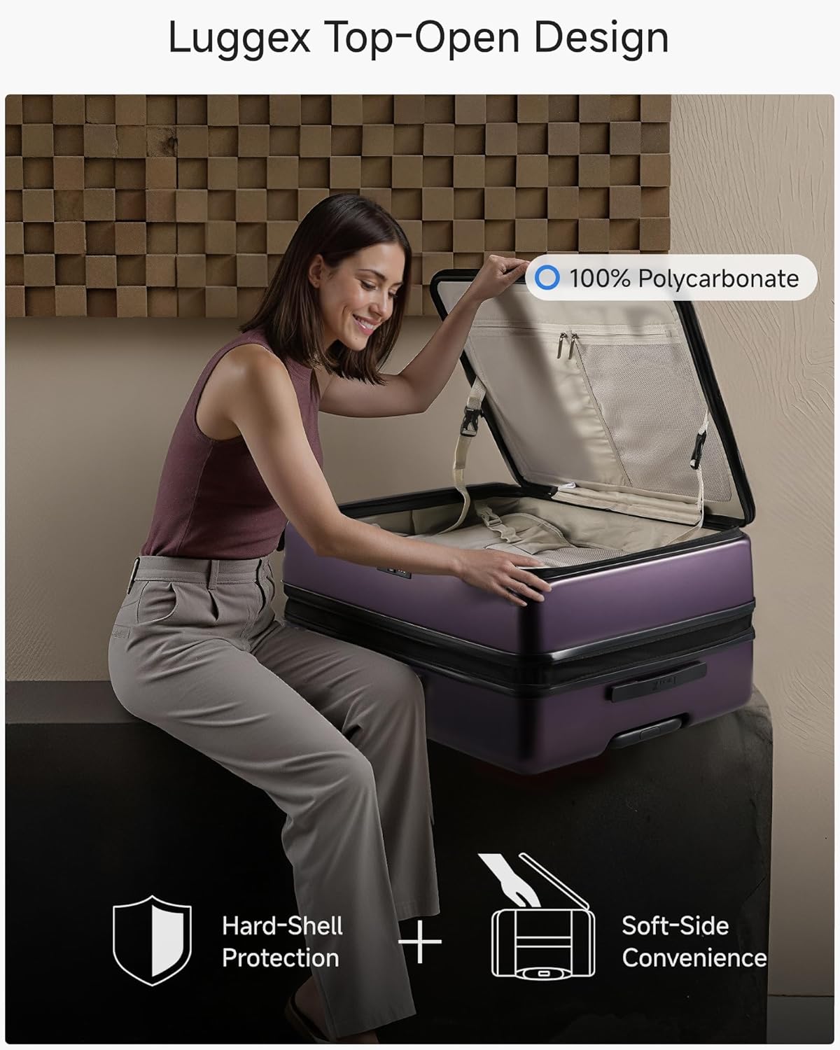 LUGGEX Checked Suitcase Top Opening, FLT Expandable Polycarbonate Hard Shell Suitcase with Wheels (FX-Lite, Purple, 30 Inch, 105L-115L)